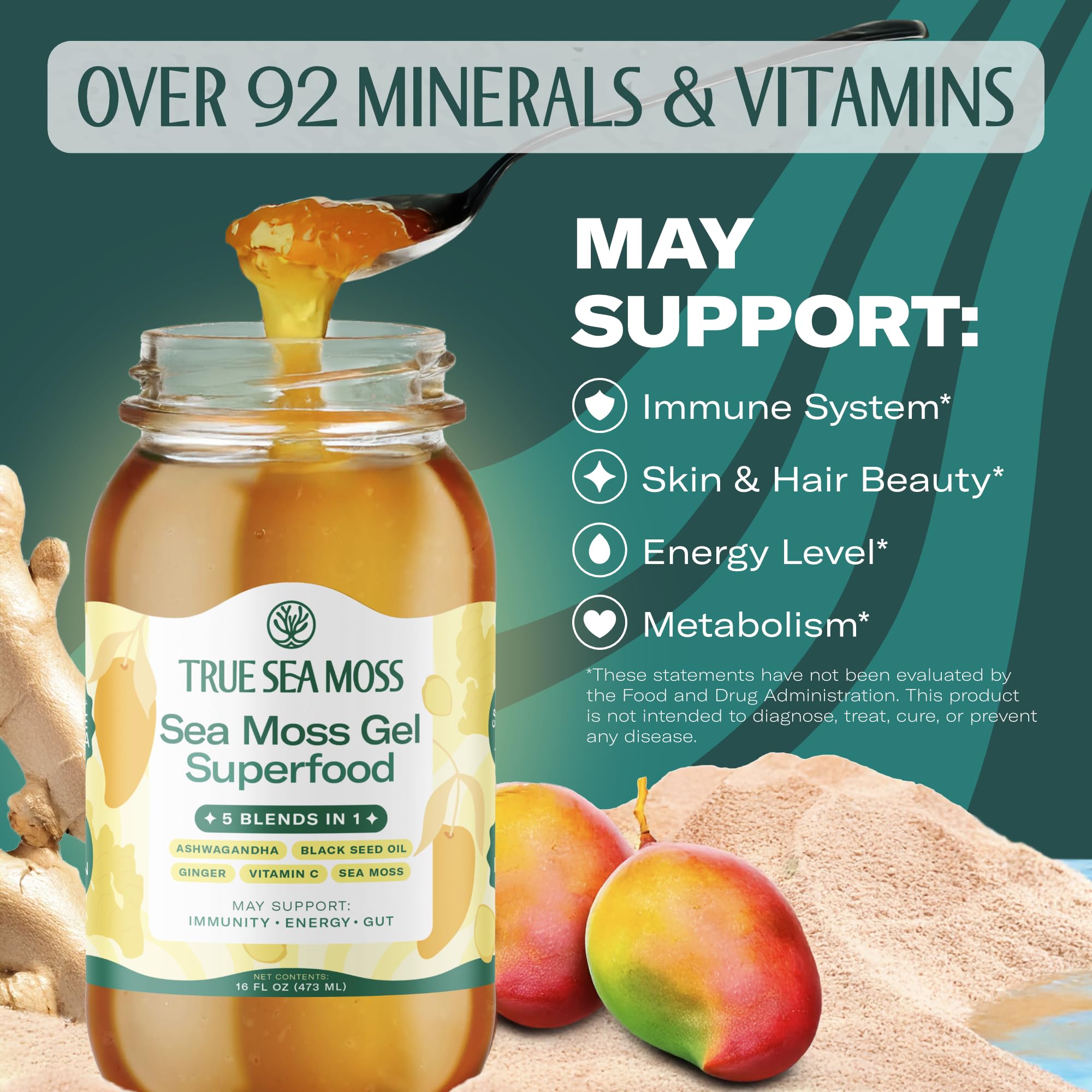 TrueSeaMoss Sea Moss Gel – Made in USA – 5-in-1 Formula – Wildcrafted Seamoss, Ashwagandha & Sea Vegetables – Ashwagandha, Pack of 1 (Labels May Vary)