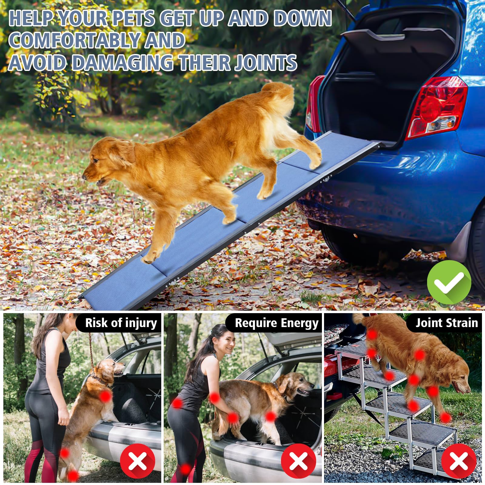 Dog Ramp for Car.71''Lx17.7''W Dog ramp for Bed,Sofa.Waterproof Non-Slip Dog ramps for Large Dogs,Old Dog,Medium Pets.Portable,Easy-Fold,Extra Long Aluminum Dog car ramp for Cars SUV,Truck(Blue)