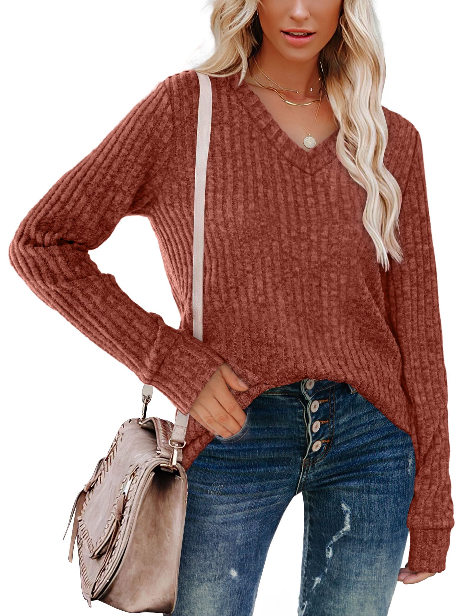 SAMPEEL Fall Clothes for Women Fashion 2024 V Neck Long Sleeve Tops Trendy Cute Sweaters Dressy Casual Outfits Caramel M