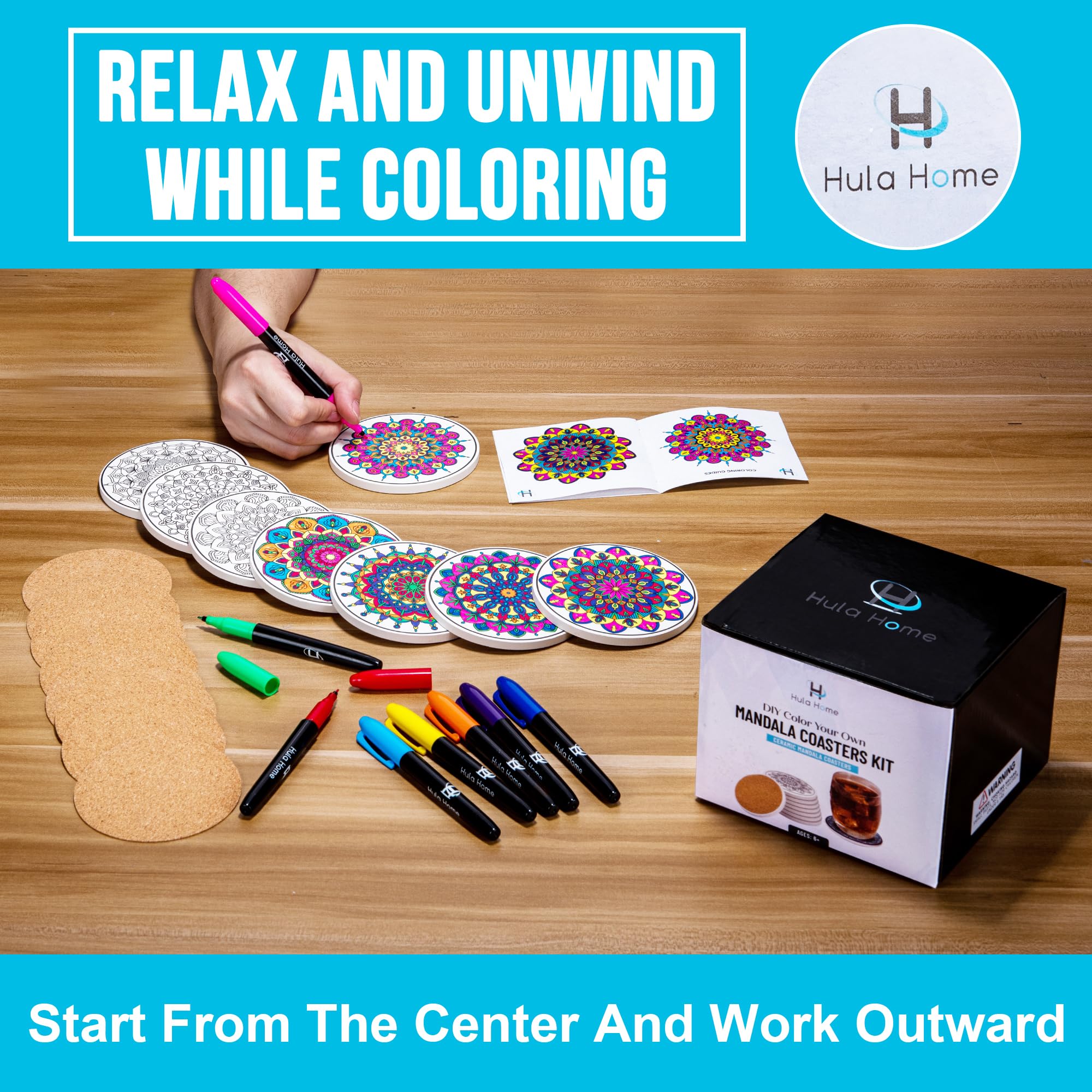 Hula Home Color Your Own Coaster Mandalas w/Markers | 8 Absorbent Ceramic Tiles w/Cork Base | Gift Arts and Crafts DIY Kit for Adults, Hobby, Teens, Seniors, Women, Elderly