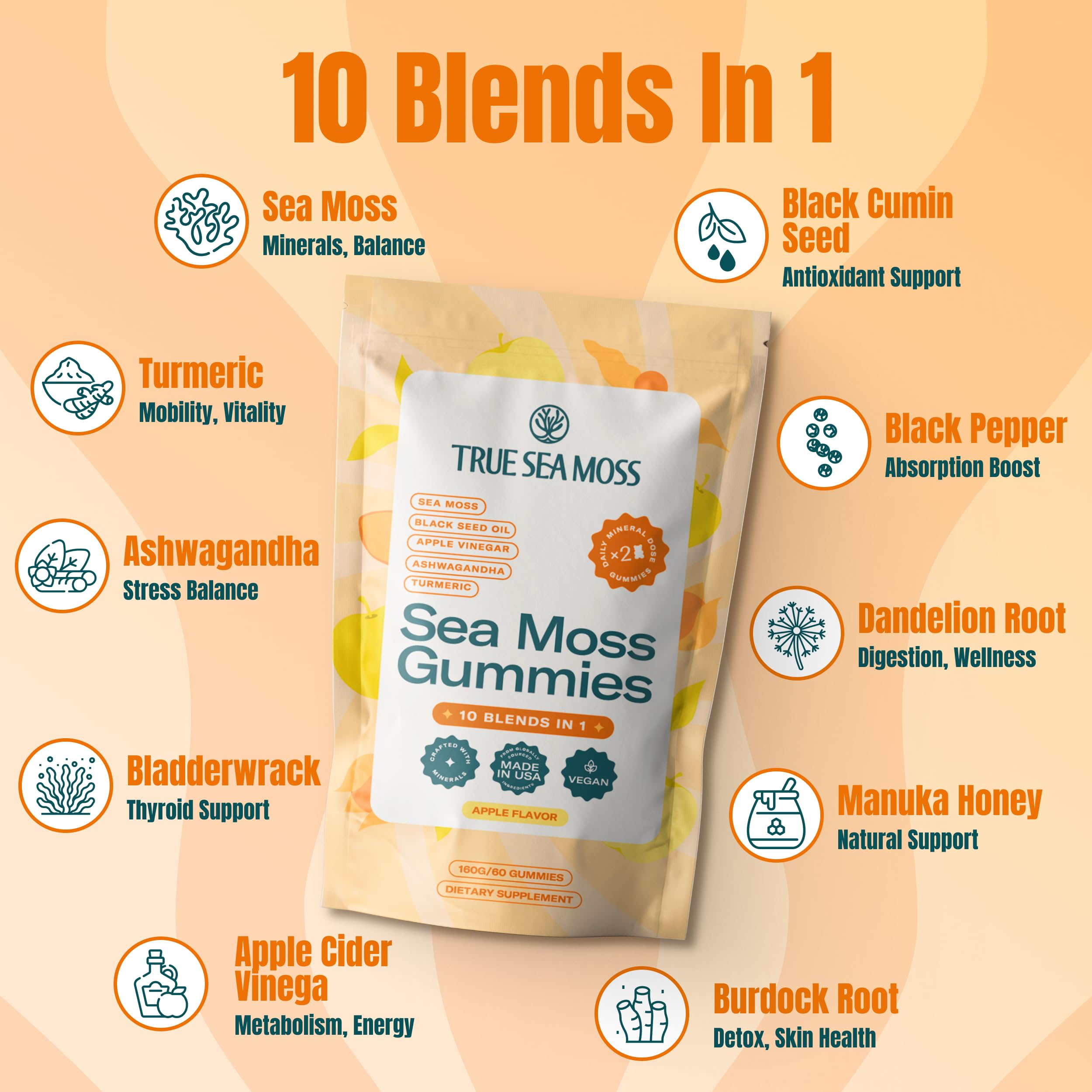 Sea Moss & Apple Cider Vinegar Gummies – 10-in-1 Herbal Blend with Black Seed Oil, Ashwagandha, Turmeric, Bladderwrack, Sea Vegetables, Burdock Root & Dandelion – Vegan, USA Made, Apple Flavor – 60 ct
