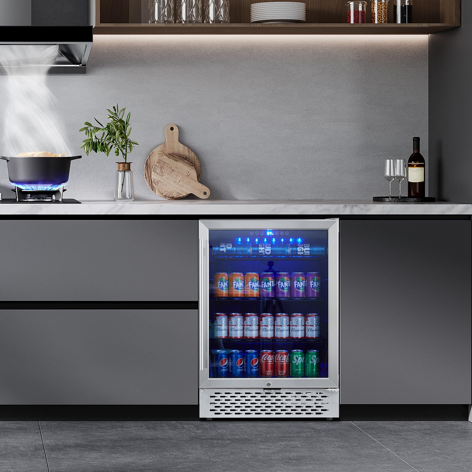 GarveeHome Beverage Refrigerator, 120 Cans Capacity, Built-in/Freestanding Cooler, Digital Control, Under Counter Beer Fridge with Glass Door, Safety Locks, Removable Racks, for Kitchen, Bar, Office