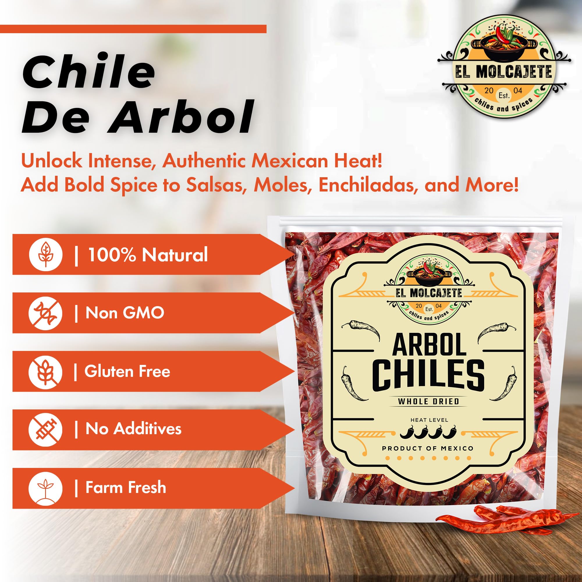 Chile de Arbol 8oz - Dried Whole Red Chili Peppers - Premium All-Natural, Stemless. For Mexican, Chinese, and Thai Cuisine with Bold, Spicy Heat. By El Molcajete