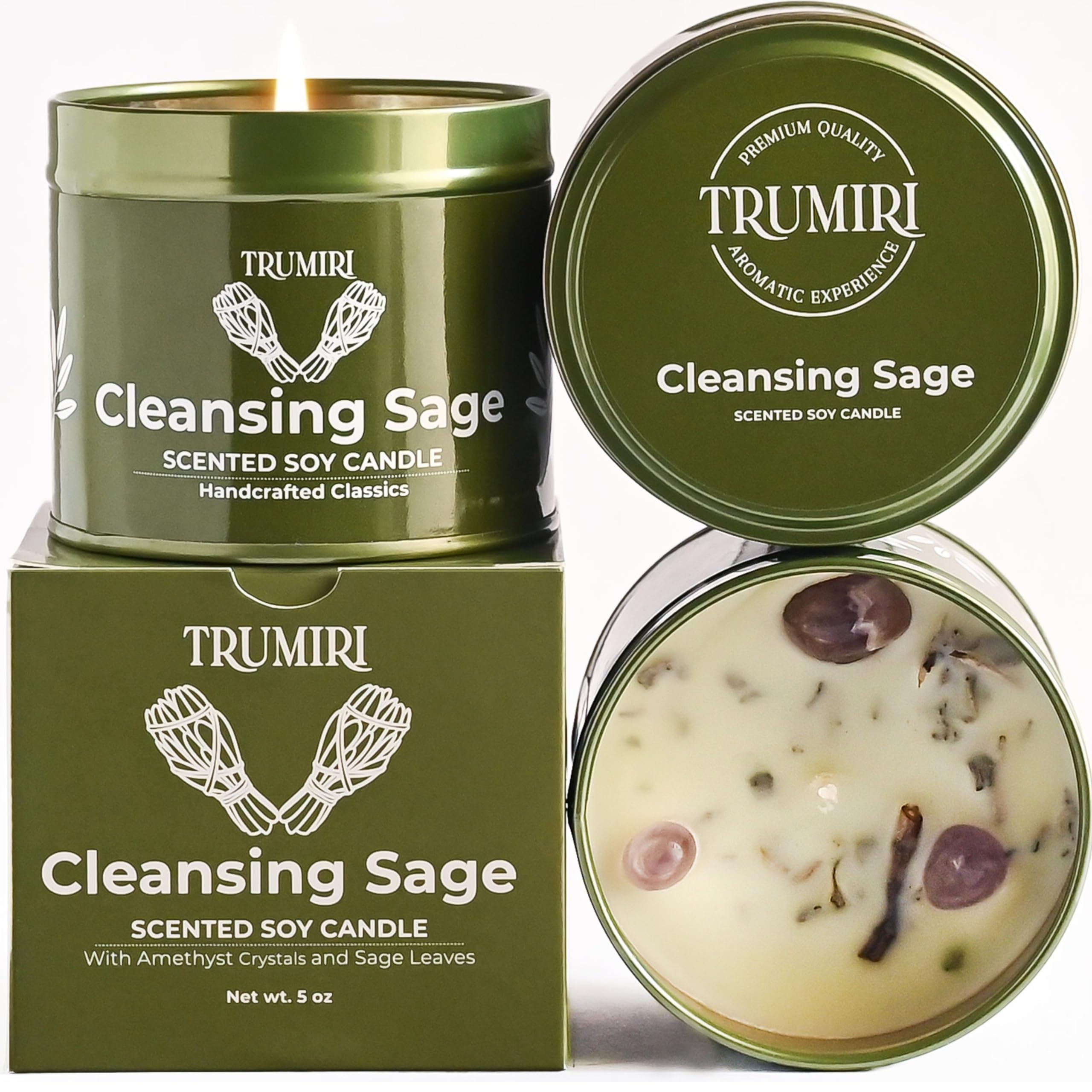 Sage Candle for Cleansing House Negative Energy and Protection Smudge Kit - 5 oz Soy Wax Natural Clean Organic Non Toxic - Velas de Olor Para el Hogar - Long Lasting - Highly Scented