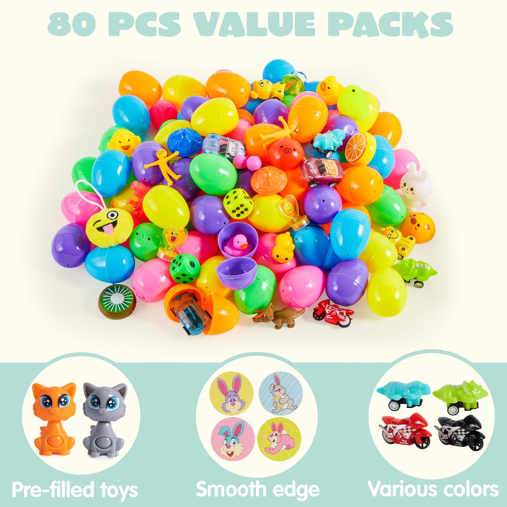 JOYIN 80 Packs Prefilled Easter Eggs with Toys and Stickers, Toys Fillers for Easter Egg Hunt, Basket Stuffers, Party Favors, Classroom Events