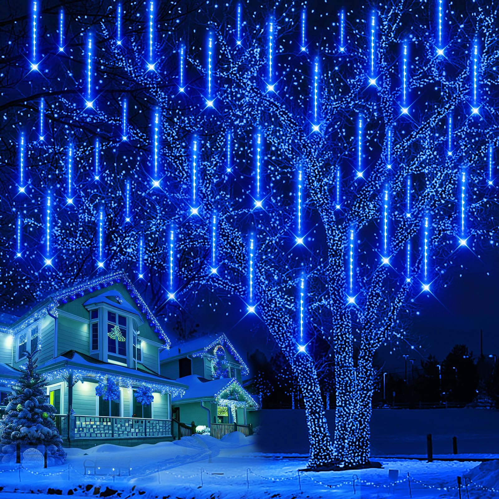 Purtuemy Outdoor Christmas Decorations, 12 inch/ 30 cm Meteor Shower Lights, Icicle Christmas Lights Outdoor for Tree, Christmas Decorations Outdoor for Yard House Wedding Party, Blue