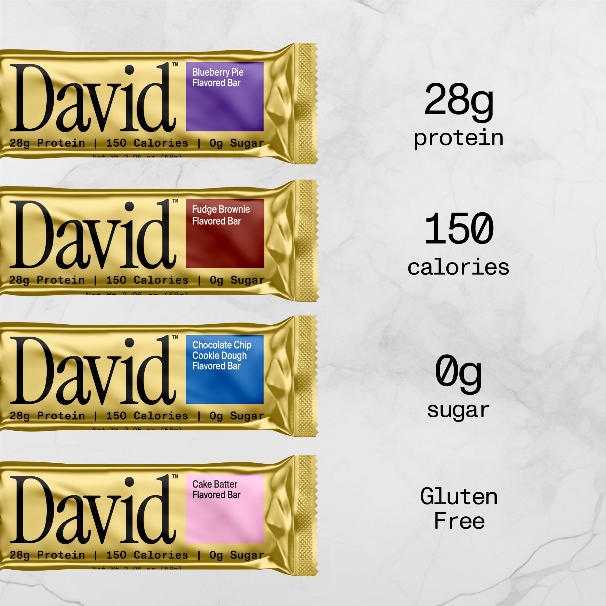 David, Protein Bar, Sample Pack, Variety Pack, Pack of 4 Protein Bars | 28g of Protein | 150 Calories | 0g of Sugar - High Protein, Low Carb, Gluten Free Protein Bar