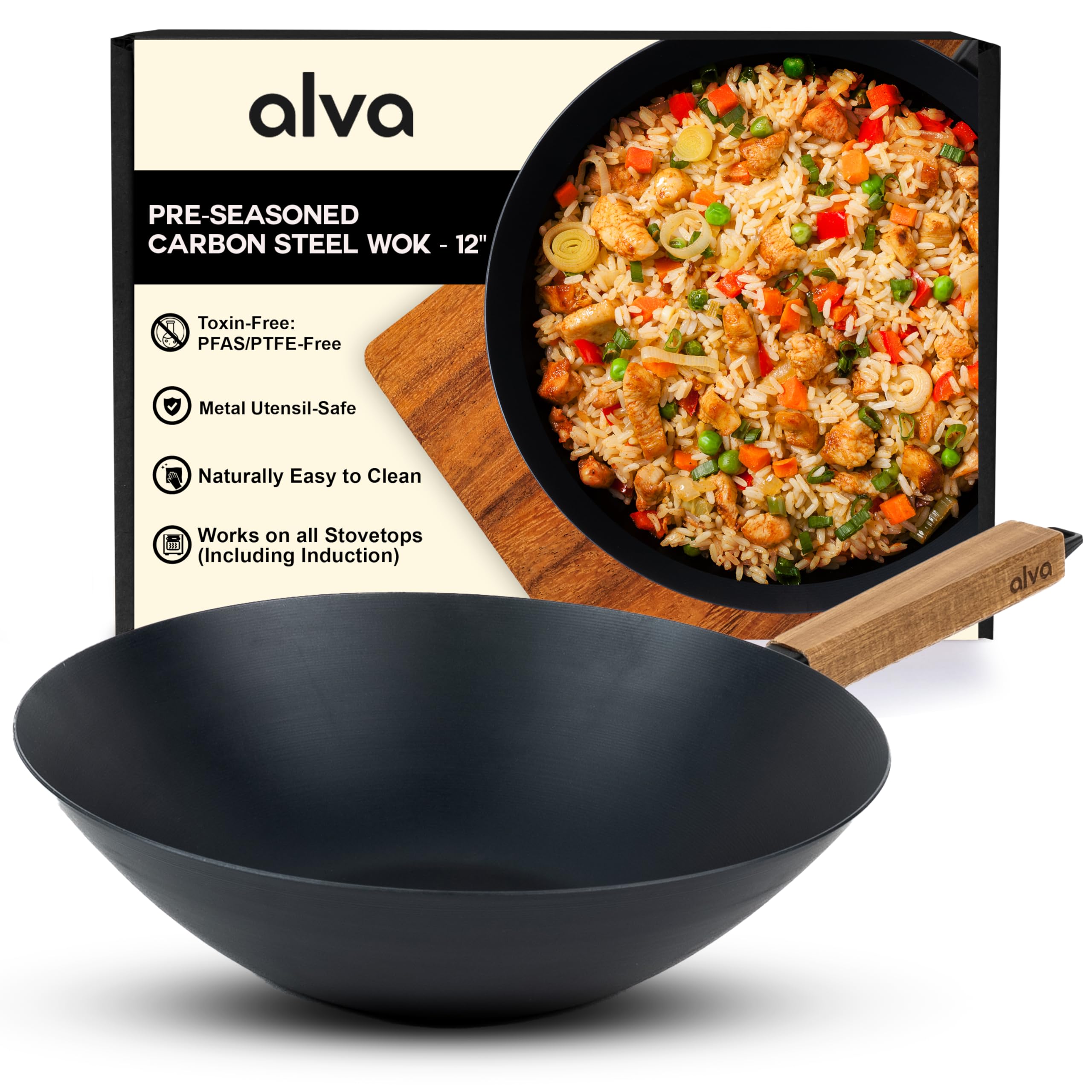 Alva Forest Naturally Nonstick Carbon Steel Wok Pan 12" - Acacia Wood Handle, Pre-Seasoned and Made without PFAS, PFOA & PTFE - Induction and All Stovetop Compatible with Even Heat Distribution