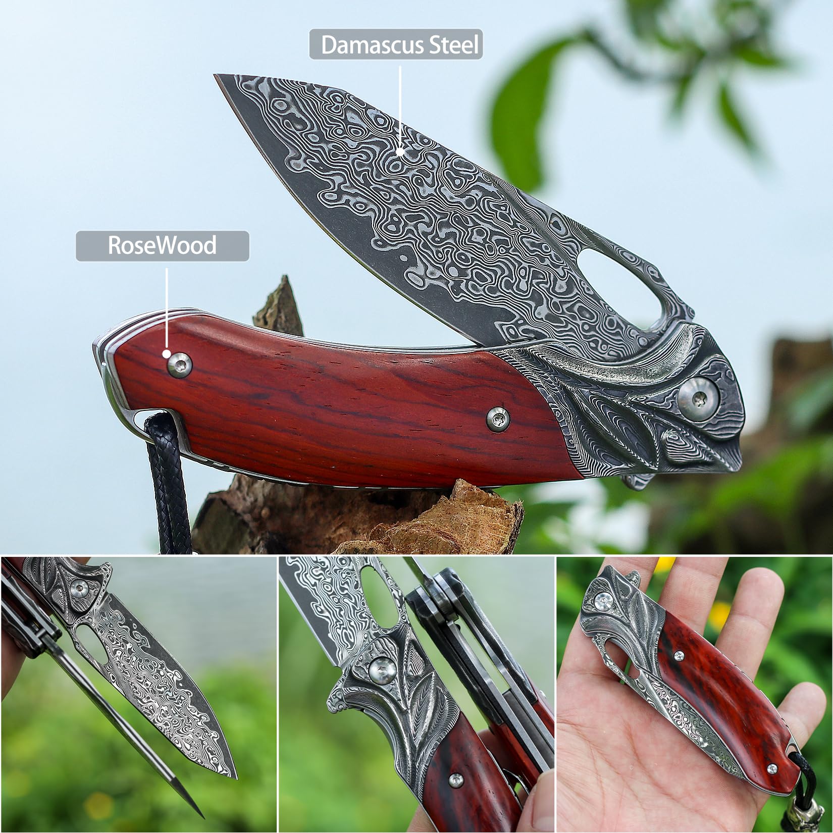 VNLA Exquisite Praxis Handmade Japan Damascus steel folding Pocket Knife, VG10 Blade Folding knife,With Handmade Leather sheath,Pocket clip.RoseWood Handle.