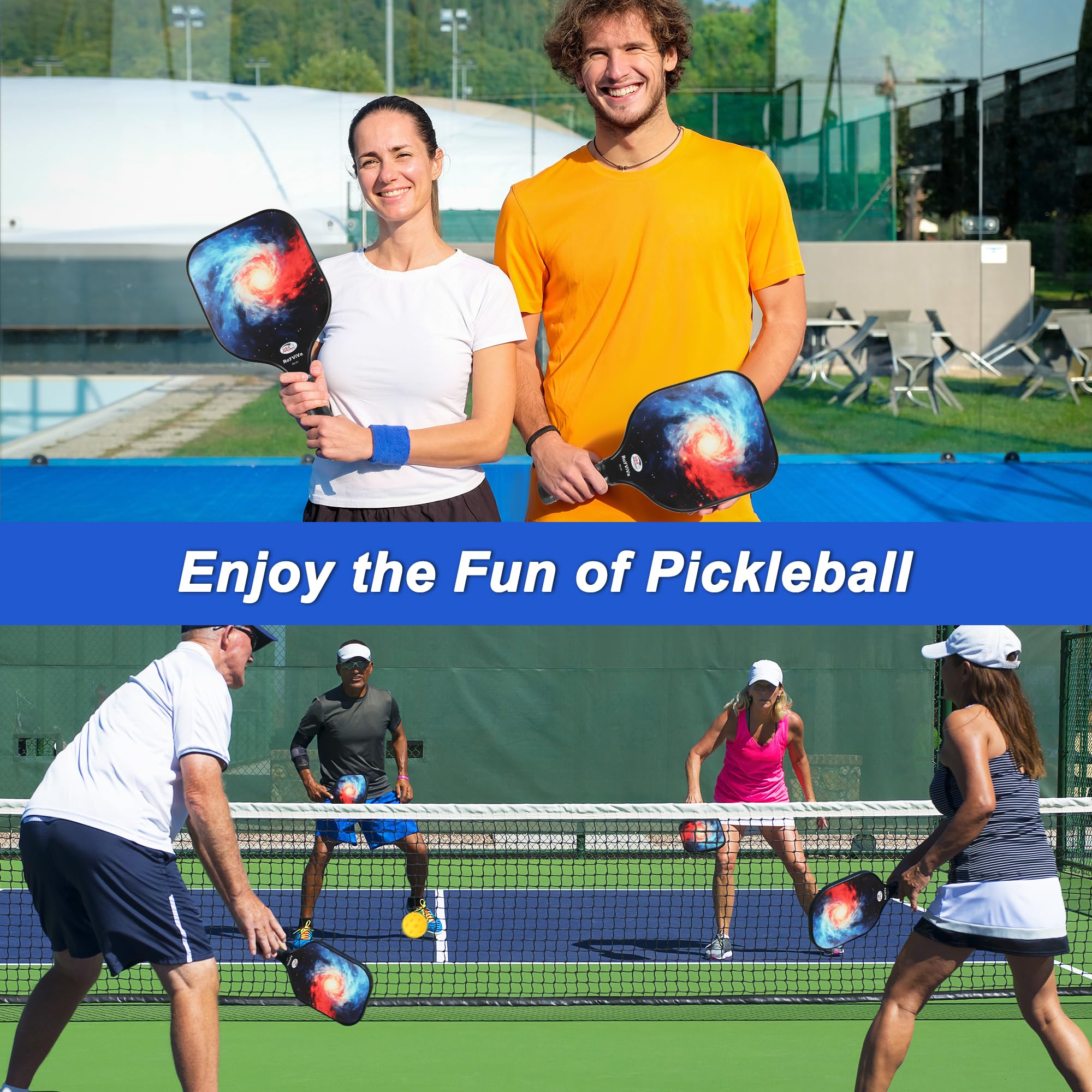 Pickleball Paddles Set of 2,USAPA Approved Fiberglass Pickleball Paddles Set 2023 RV-01,Include 2 Fiberglass Surface Pickleball Rackets,2 40-Hole Indoor Balls,2 26-Hole Outdoor Balls,1 Carrying Bag