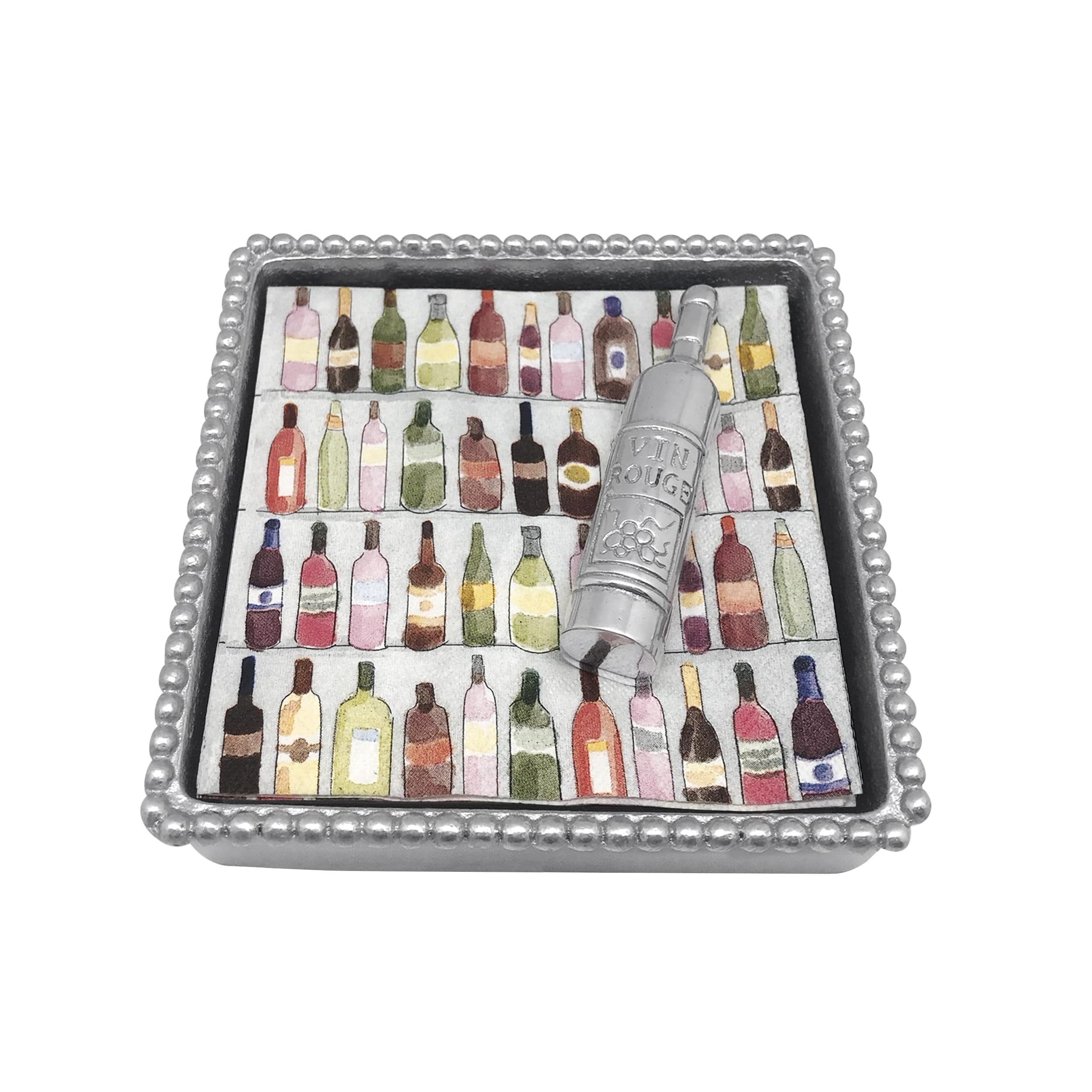 MARIPOSA Wine Bottle Beaded Napkin Box, Cocktail, Silver