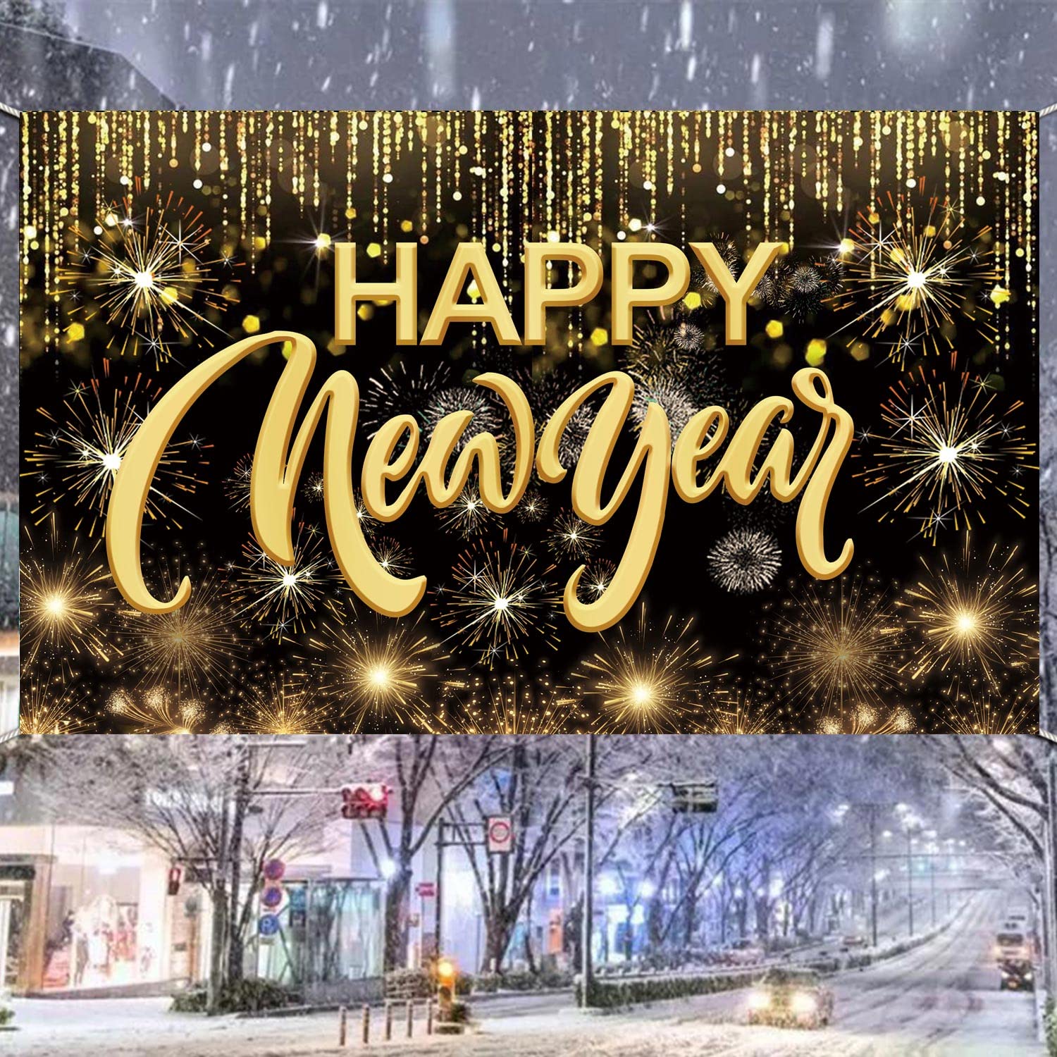 Happy New Year Hanging Extra Large Fabric Sign Poster Background Banner with Firework Pattern for New Year Party Decorations