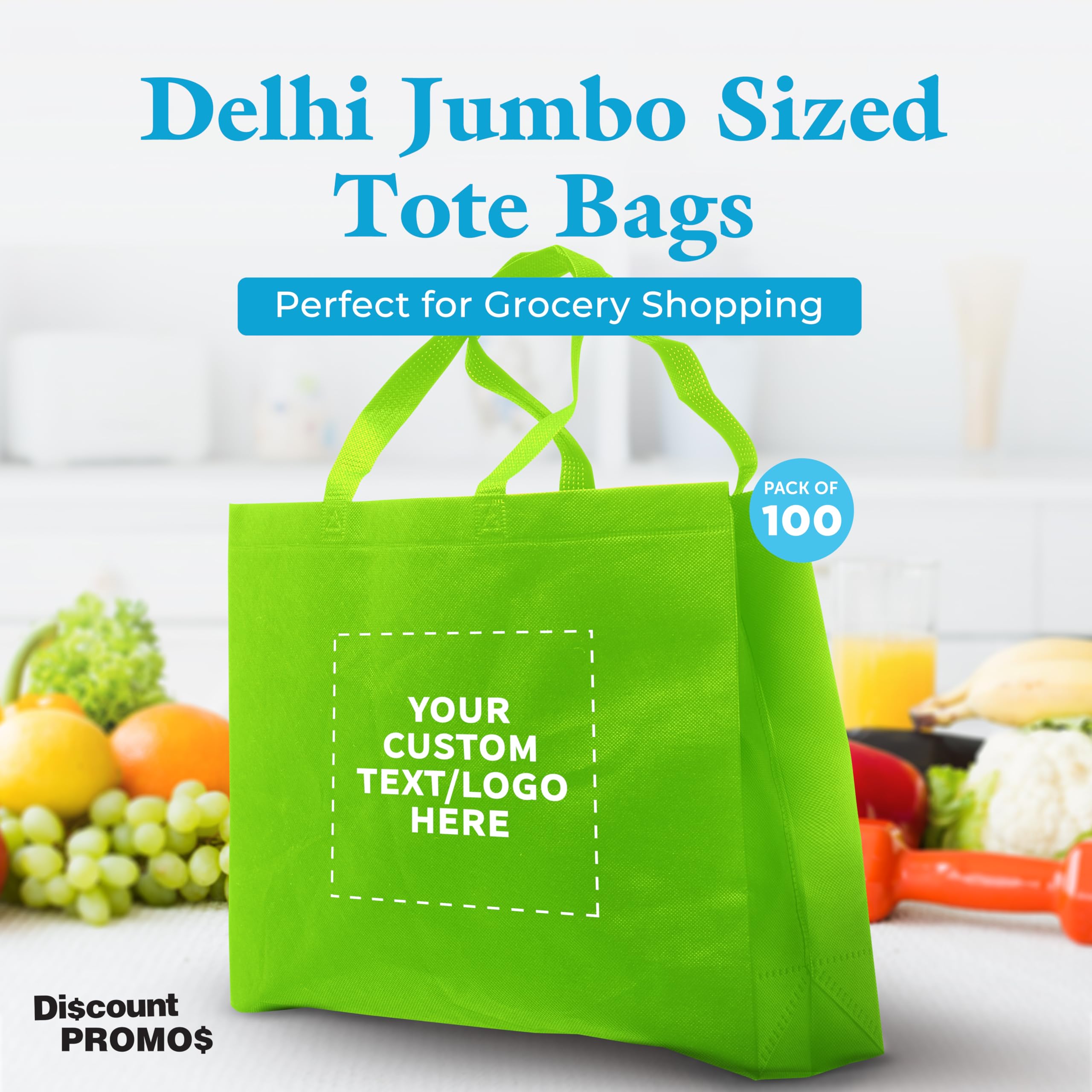 DISCOUNT PROMOS Custom Jumbo Sized Tote Bags Set of 100, Personalized Bulk Pack - Reusable Grocery Bags, Shopping Bags, Promotional Item Totes for Women - Lime Green