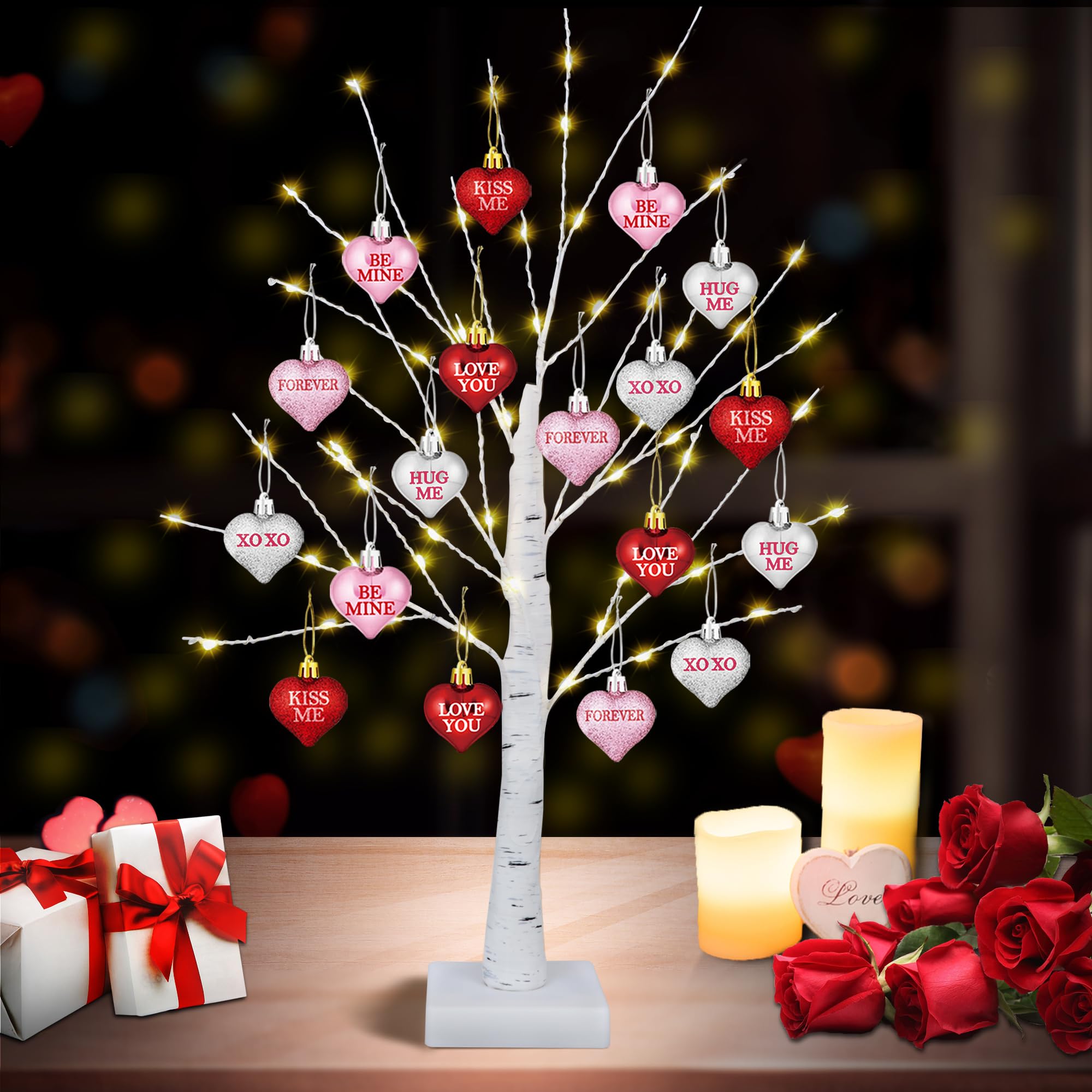 [Timer] Valentines Day Decor 24 Inch Valentines Day Decoration Lighted Tree with 18 Heart Ornaments, USB/Battery Operated Valentines Decor Tree Light, Valentines Day Decorations for Home Table Bedroom