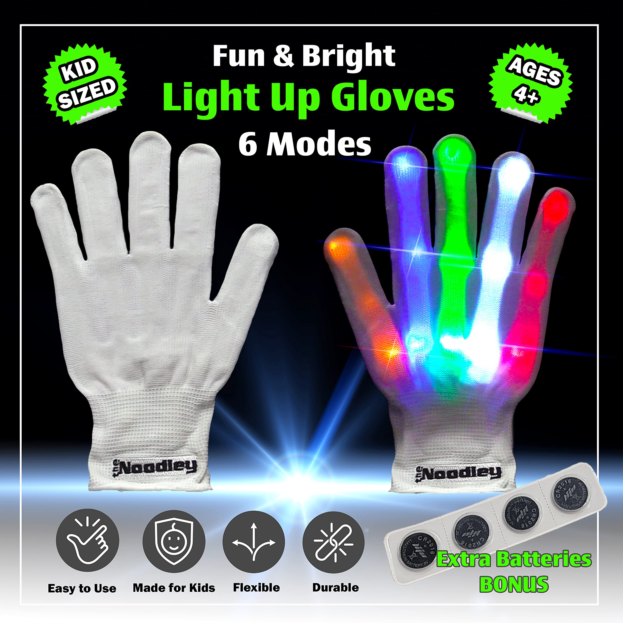 The Noodley Teen LED Gloves Flashing Light Up Glove Teens and Adult Size Rave Party Glow Fingers Family Chirstmas Fun (Large, Ages 13 up)