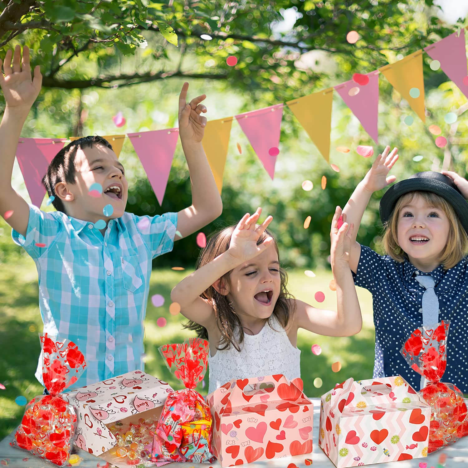 Valentine's Treat Boxes - 28 Pack Candy Bags for Kids' Party Favors, 7 Patterns for Wrapped Gifts