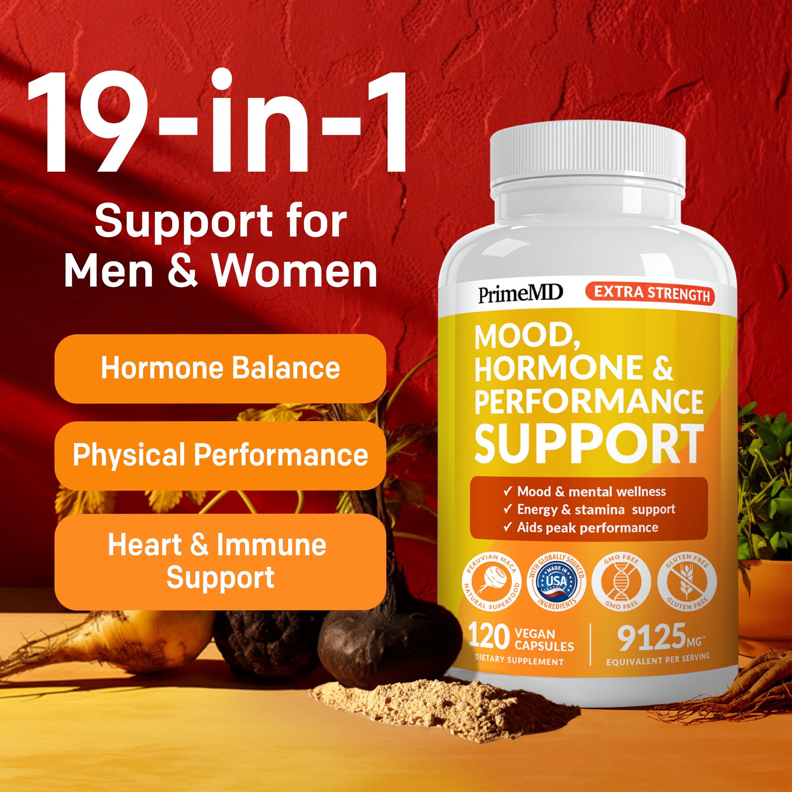 PrimeMD 19-in-1 Extra Strength Peruvian Maca Root Capsules - 9125 mg Ashwagandha Supplements with Fenugreek and Ginseng for Mood, Hormone and Performance Support (120 ct) (2-Pack)