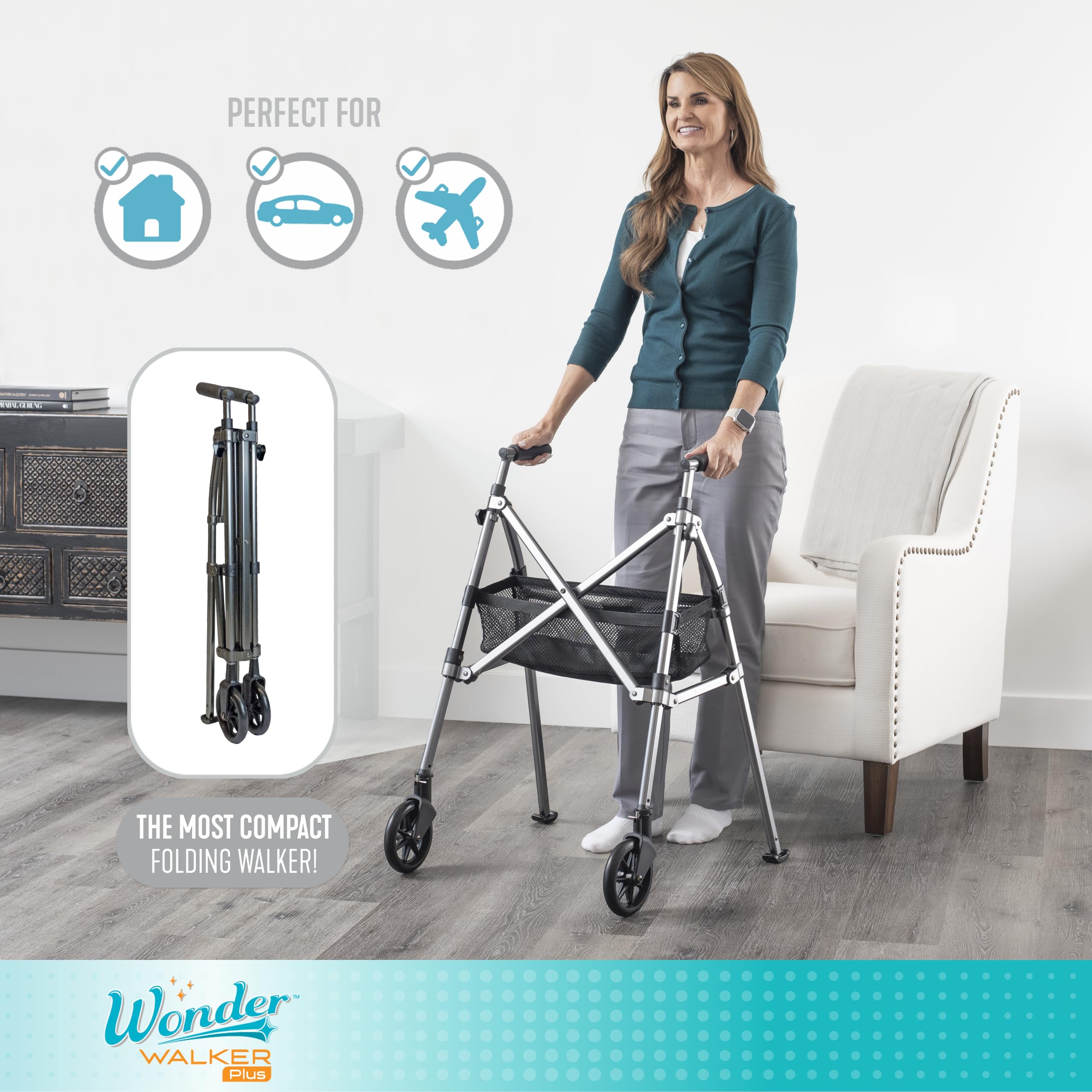 Stander Wonder Walker Plus, Lightweight Folding Mobility Aid for Adults, Seniors, and Elderly, Collapsible Travel EZ Fold-N-Go with Wheels, Glides, & Basket, Vivid White
