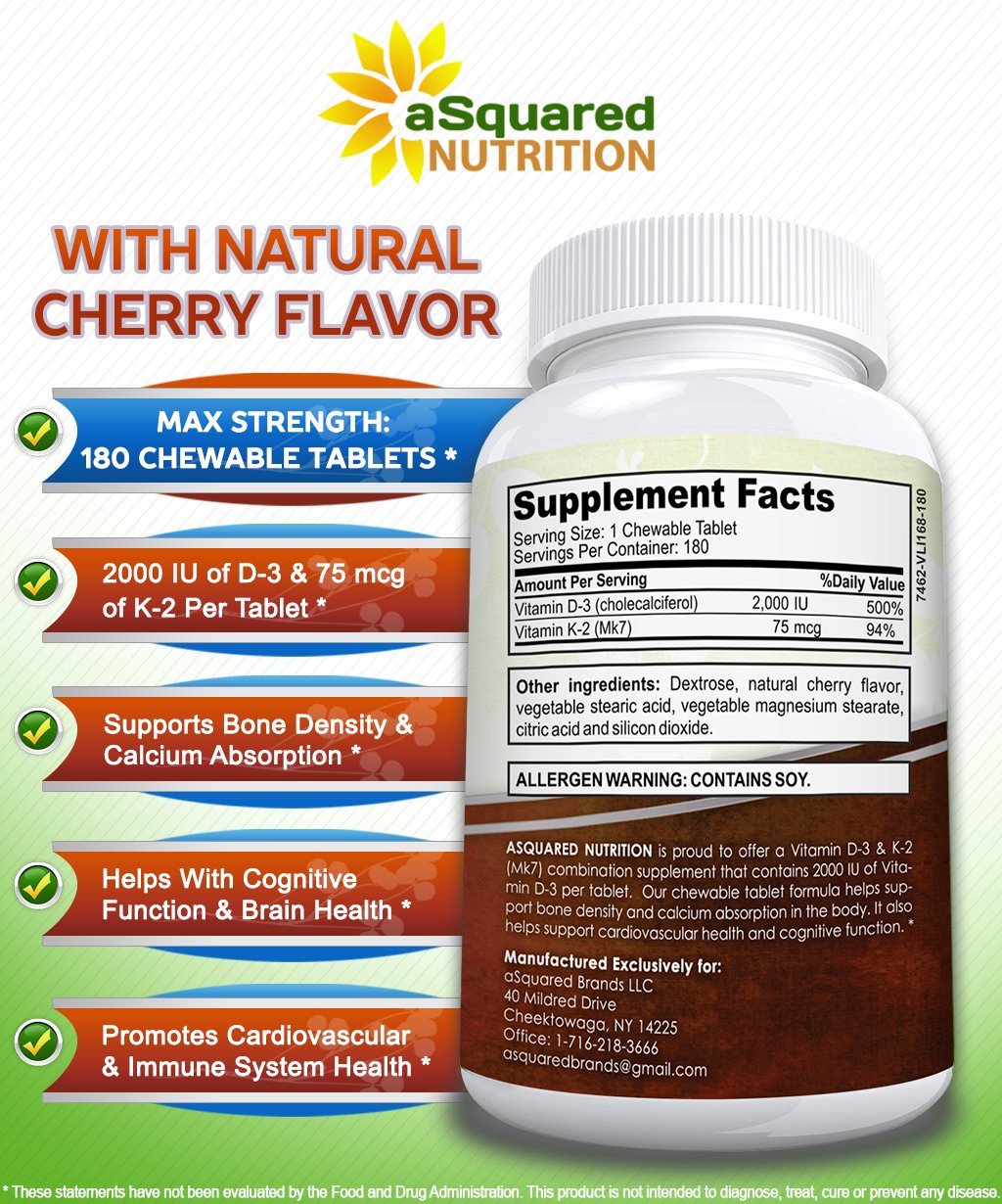 aSquared Nutrition Vitamin D3 with K2 Supplement-180 Chewable Tablets, Max Strength D-3 Cholecalciferol & K-2 MK7 to Support Healthy Bones, Teeth, Heart -Antioxidant D3 & K2 MK-7 Energy Formula Adults