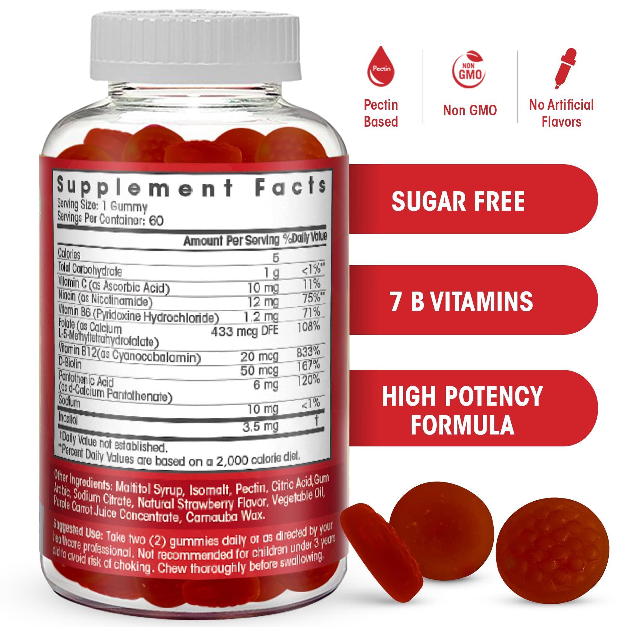 Sugar Free Vitamin B Complex Gummies - Vitamin B12, B7, B6, B3 (Niacin), B5, B8, B9 (Folate)- Third Party Tested- Prenatal, Vegan Diet, Older Adults - B Complex Vitamin Supplement- Two Month Supply