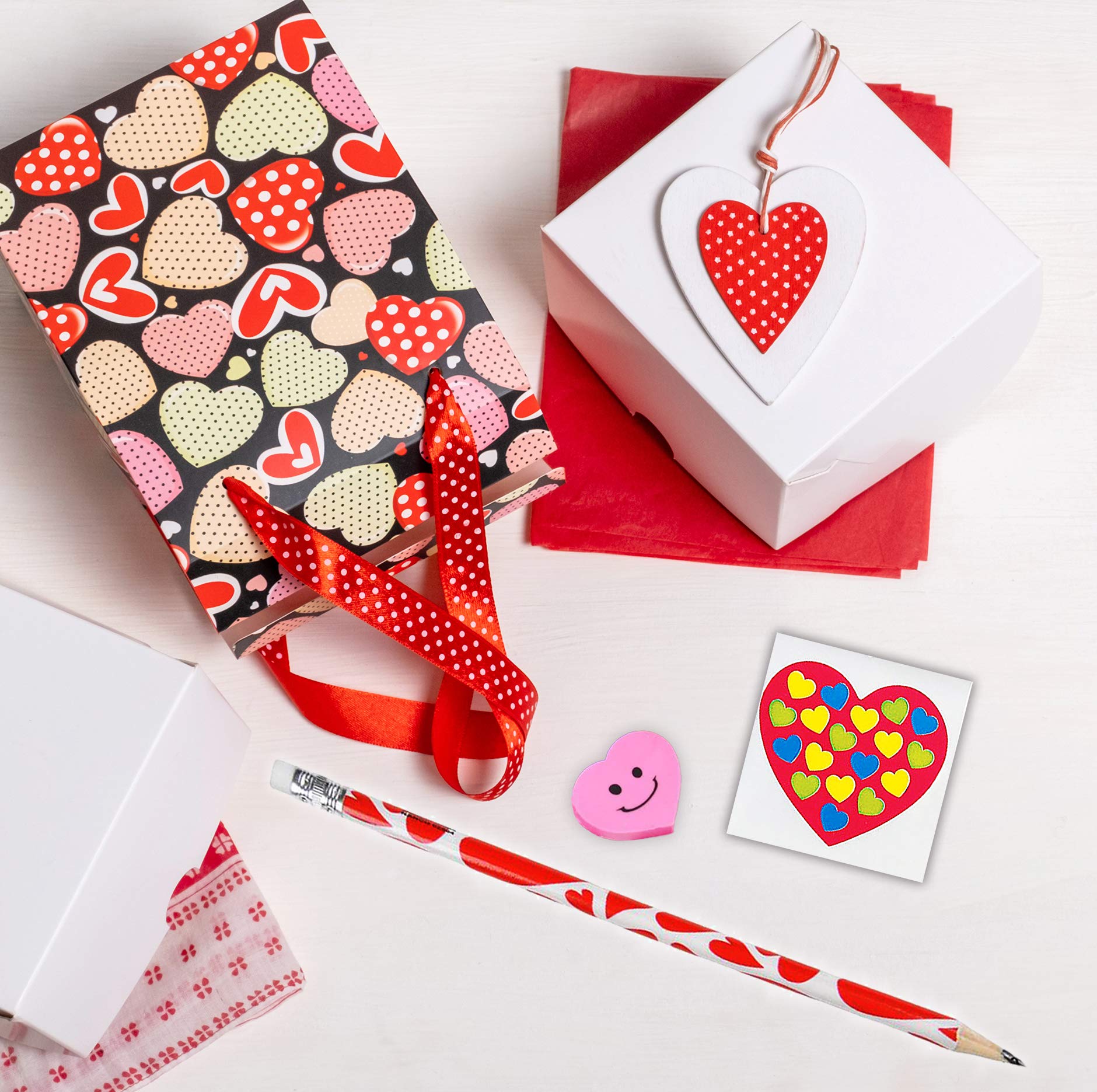 4E's Novelty 36 Set Valentine’s Day Stationary Gifts for Kids - 36 Pencils, 36 Heart Erasers, 104 Stickers - Valentines Classroom Exchange Toys, Class Party Favors From Teacher To Student