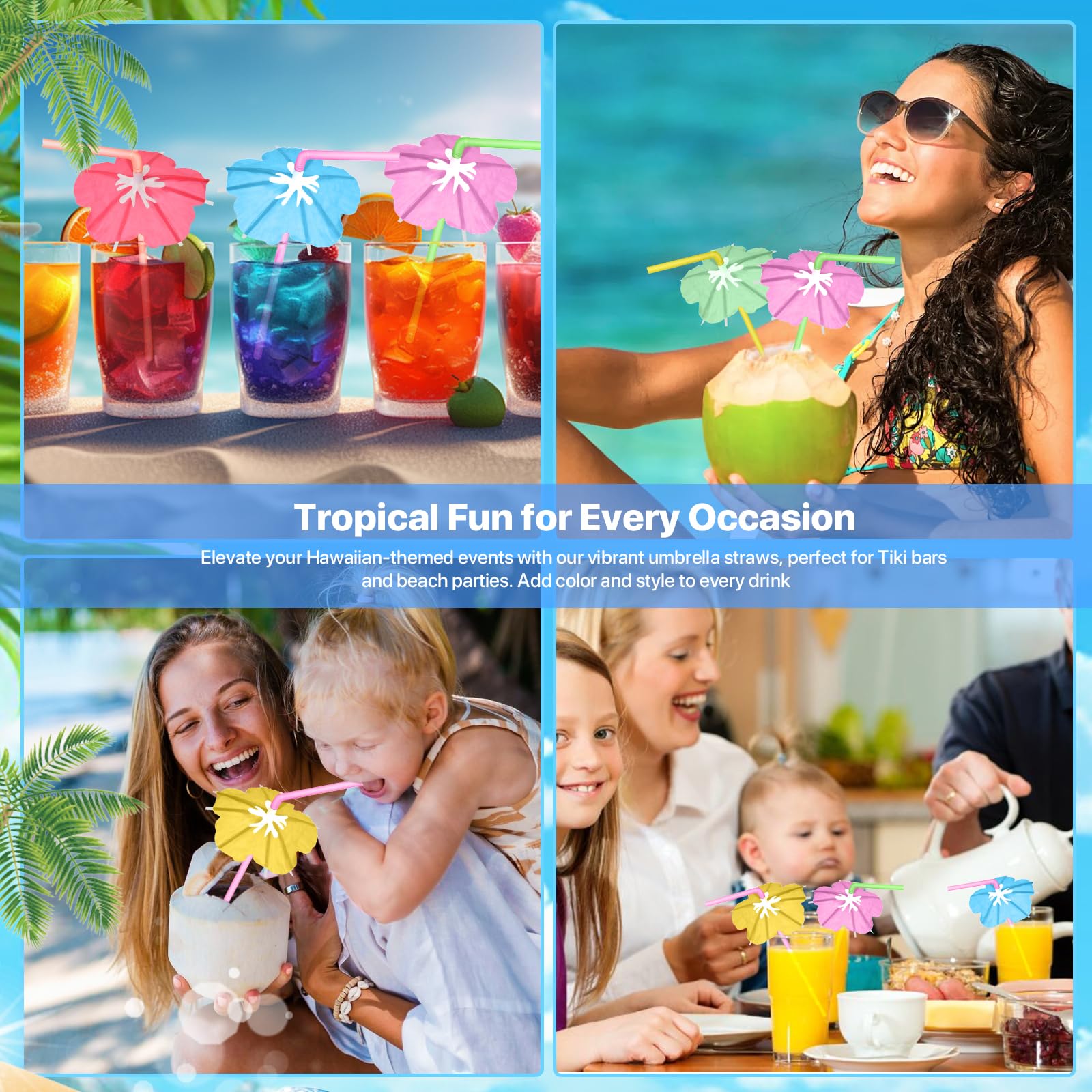 【100 PCS】Umbrella Straws for Drinks - Colorful Cocktail Straws with Mini Umbrellas, Tiki Party Supplies, Hawaiian Luau Tropical Theme, Parasol Drink Straws for Margarita, Pina Colada, Beverages.