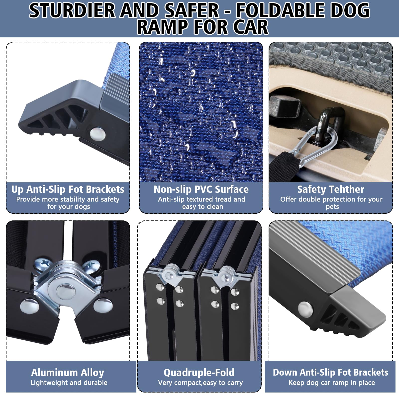 Dog Ramp for Car.71''Lx17.7''W Dog ramp for Bed,Sofa.Waterproof Non-Slip Dog ramps for Large Dogs,Old Dog,Medium Pets.Portable,Easy-Fold,Extra Long Aluminum Dog car ramp for Cars SUV,Truck(Blue)