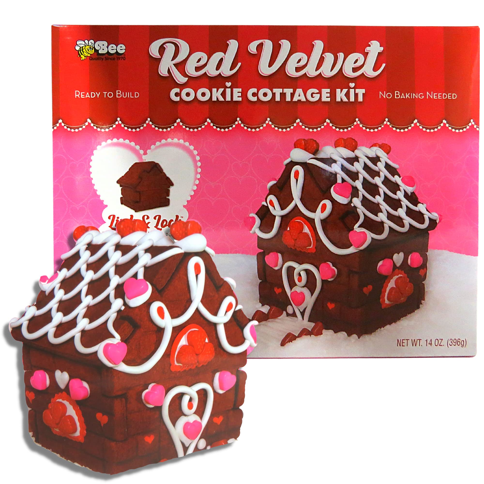 Small Ready to Build Edible Red Velvet Cookie House Kit, DIY Valentine's Day Decorating Kits, 14 Ounces