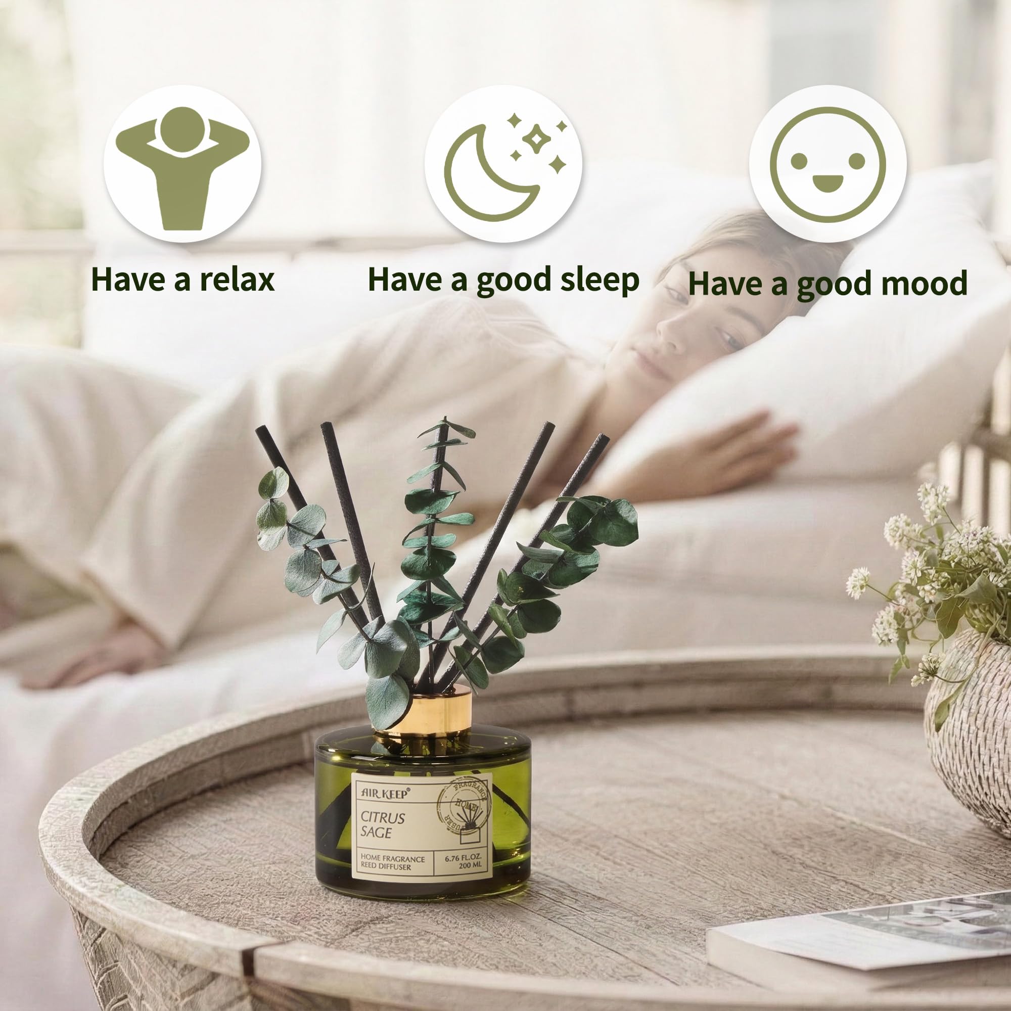 Airkeep Reed Diffuser Set with 6.76 fl oz Citrus&Sage Scent Essential Oils and 3 Leaves & 8 Diffuser Sticks,Bathroom Shelf Decor & Air Freshener, House Bedroom Office Decor & Gifts