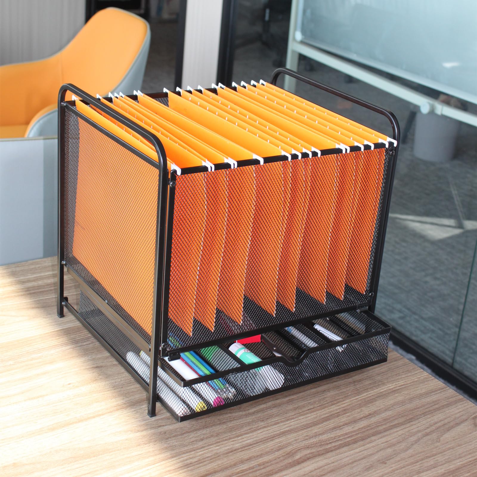 SETTFRFE Hanging File Folder Organizer with Drawer,File Holder for Desk,Mesh File Bins for Hanging Files,Letter Size,Black