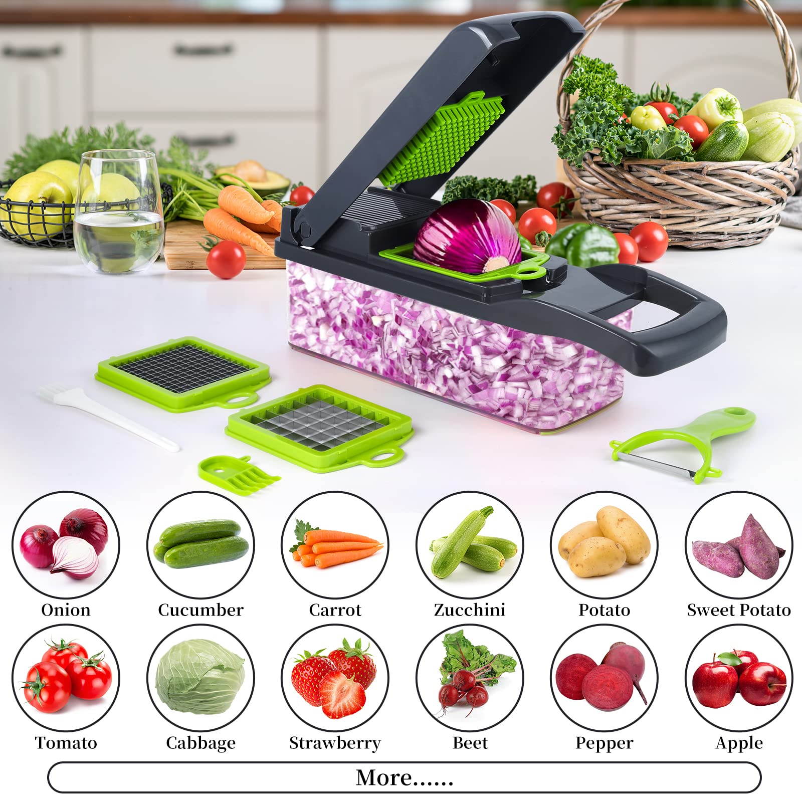 Vegetable Chopper, Pro Onion Chopper, 14 in 1Multifunctional Food Chopper, Kitchen Vegetable Slicer Dicer Cutter,Veggie Chopper With 8 Blades,Carrot Chopper With Container (Grey)