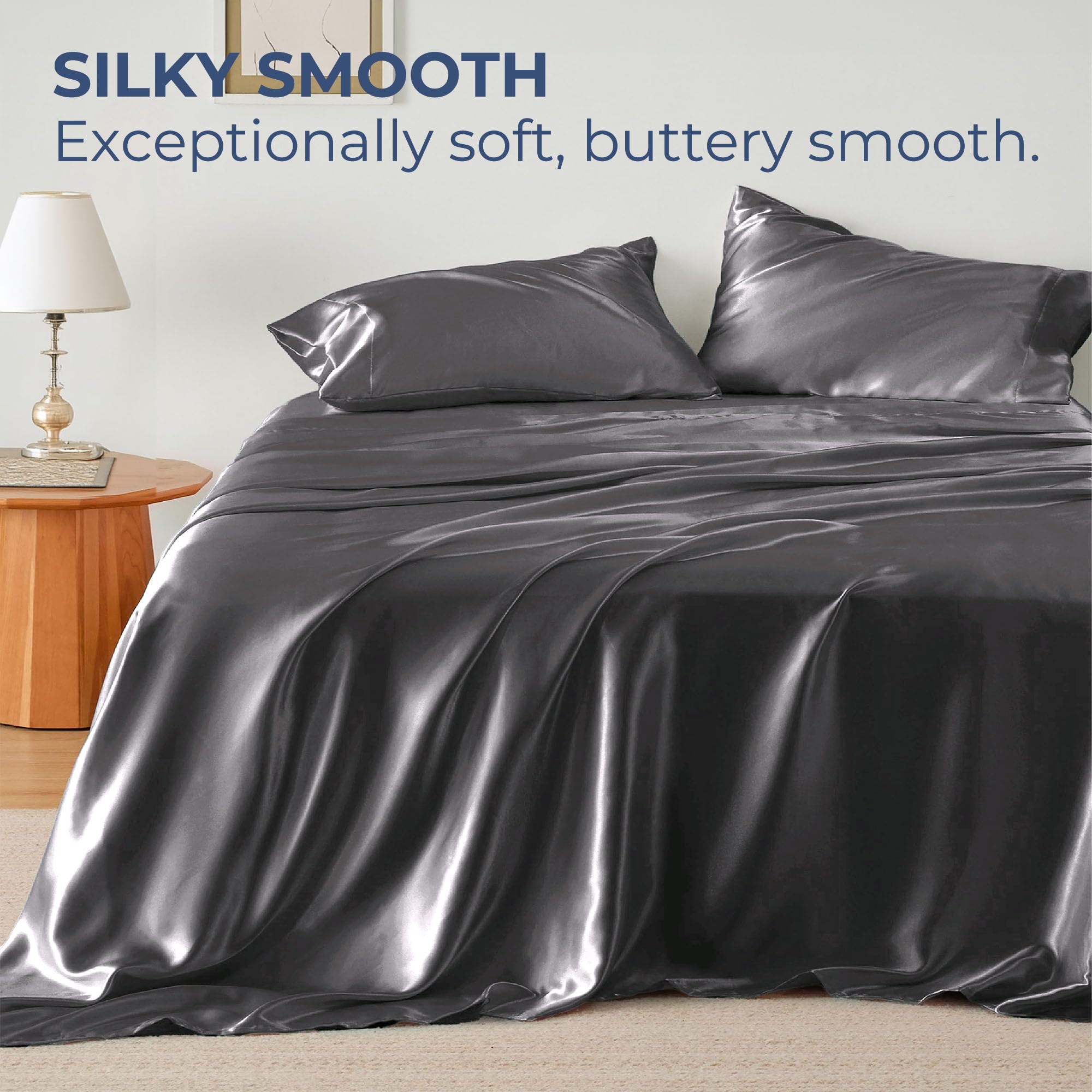 Seasonwood White Satin Sheets King Size 4 Pieces White Bed Set with 2 Pillowcase 20"x40" Microfiber