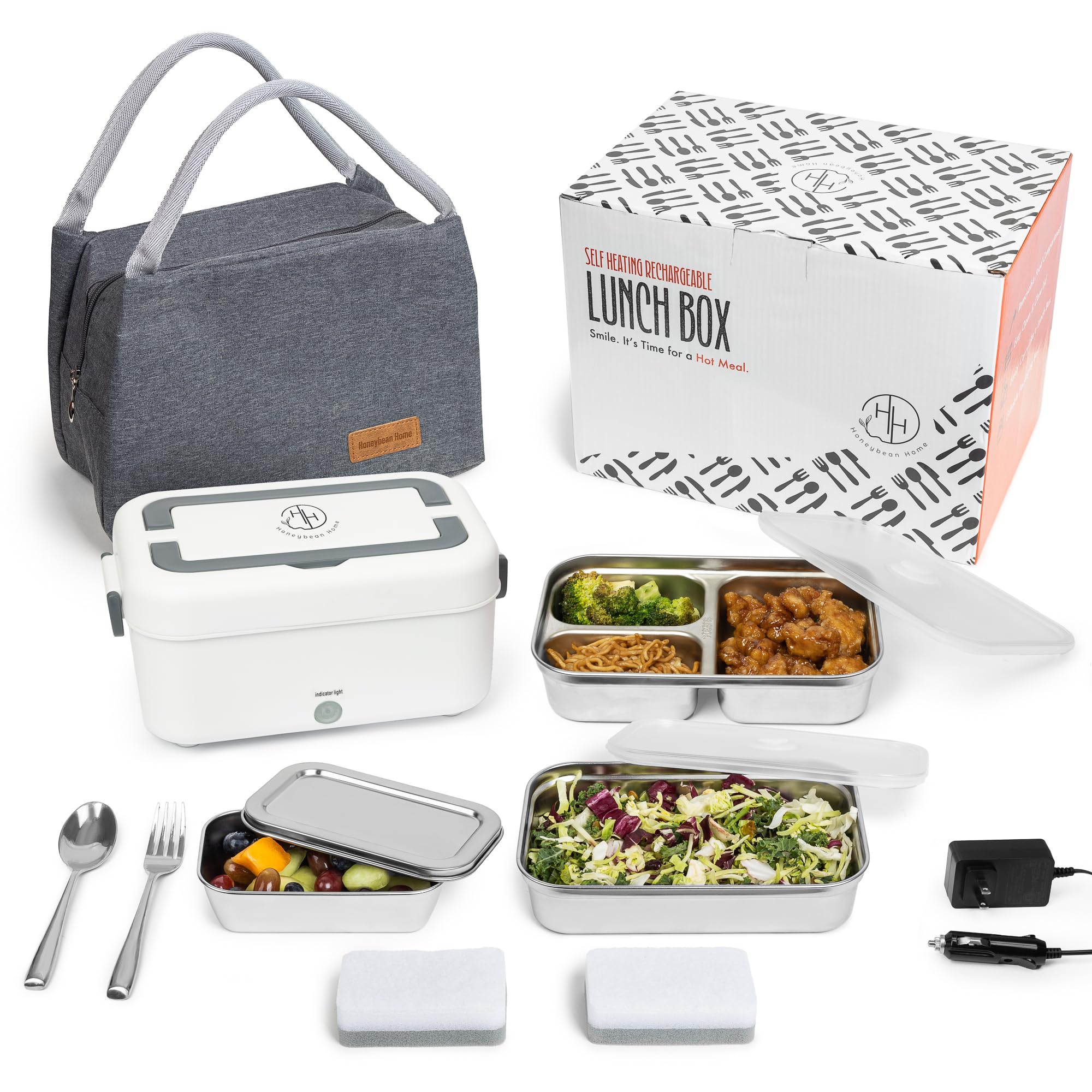 HONEYBEAN HOME Battery Powered Lunch Box for Work With 35 Minutes of Heating Capability – Comes With a Reusable Fork & Spoon