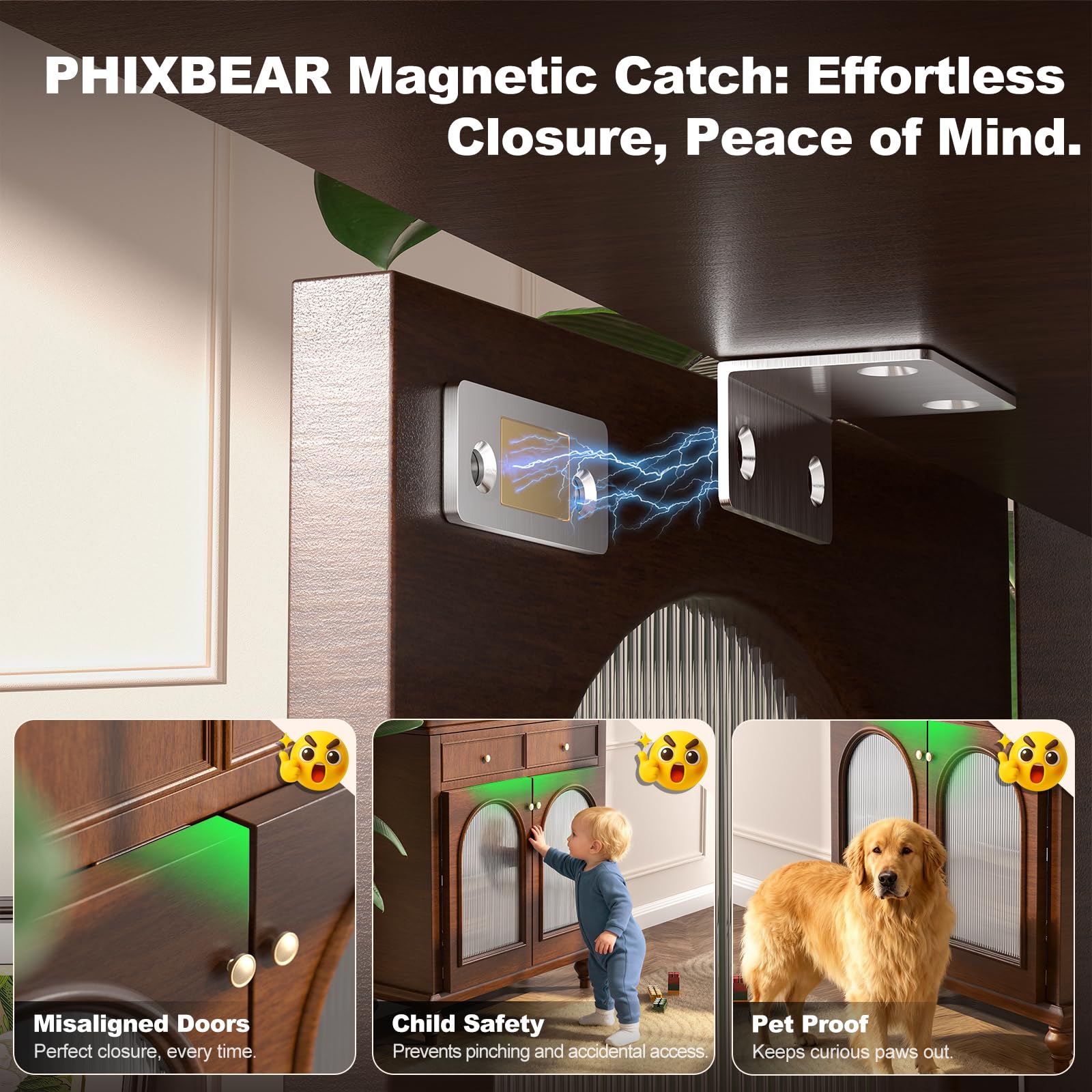 PHIXBEAR Strong Invisible Magnetic Cabinet Door Catch with Pro+ Adhesive, 6 Sets L-Shaped Pro Adhesive Magnets, Easy Install for Kitchen & Closet