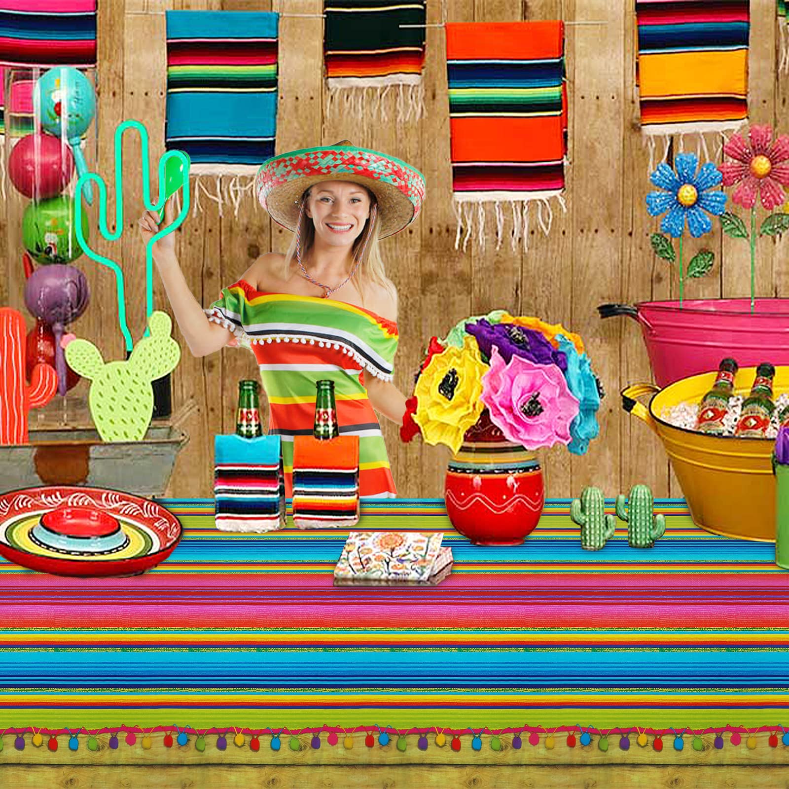 PHOGARY 3PCS Fiesta Mexican Tablecloth for Party Decorations, Plastic Table Covers for Fiesta Birthday, Taco Night, Cinco De Mayo, Spanish Themed Party Baby Shower Celebration