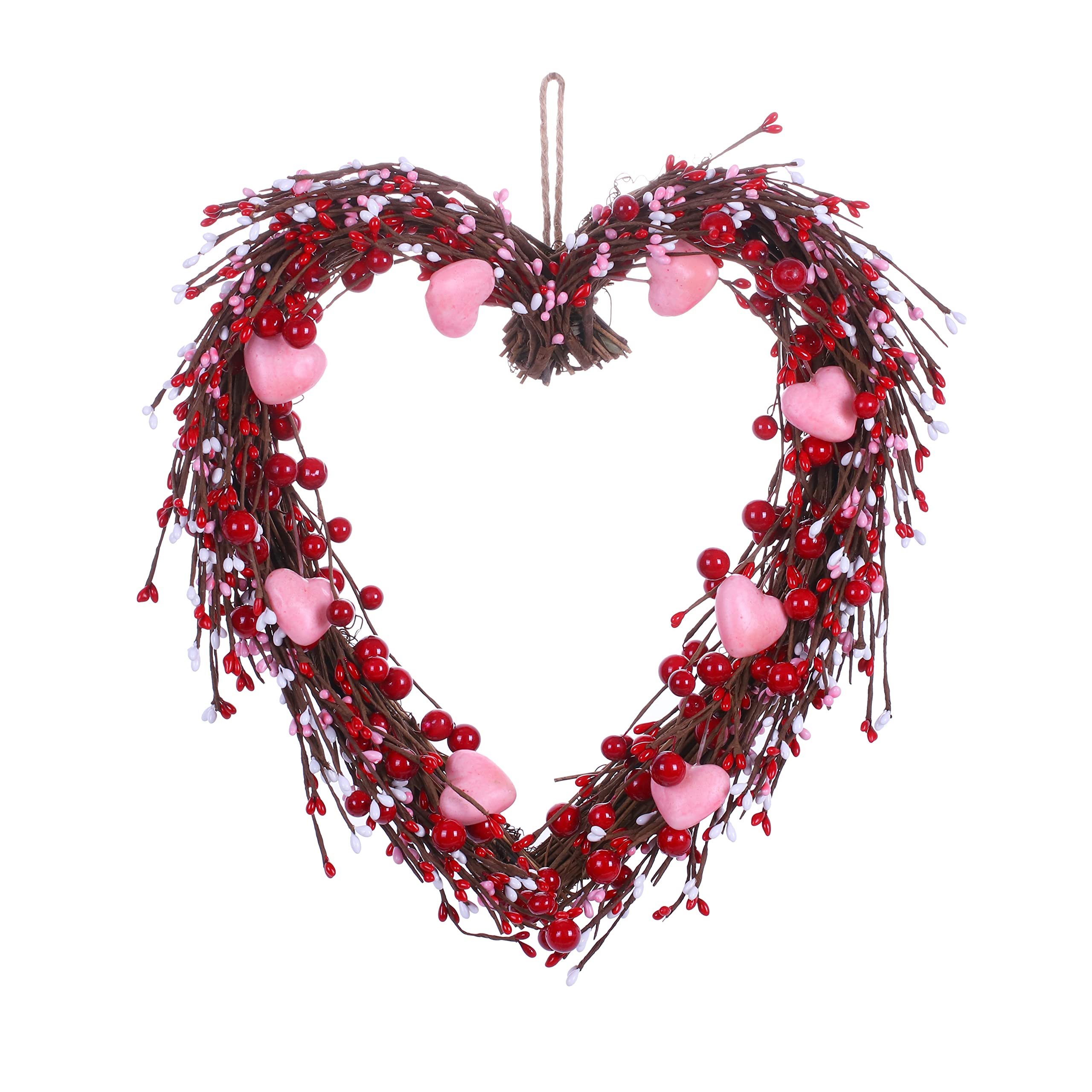 VioletEverGarden Valentine’s Day Wreath,15” Heart Shaped Wreath with Red Berries and Small Pink Hearts for Valentine’s Day Wedding Festival Decor