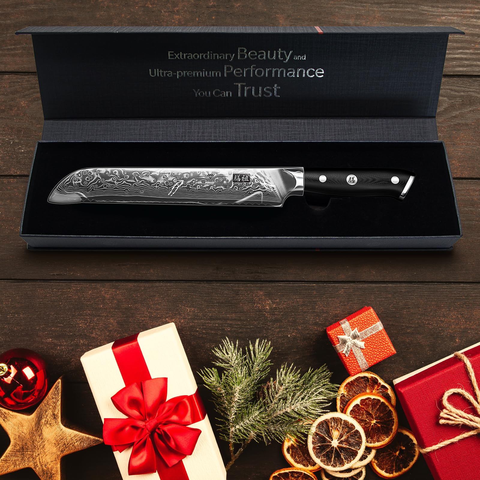 SHAN ZU Bread Knife 8 Inch Japanese Steel Damascus Serrated Knife Wave Edge, Professional Sharp AUS-10 High Carbon Super Steel Cake Knife Bread Cutter with G10 Handle