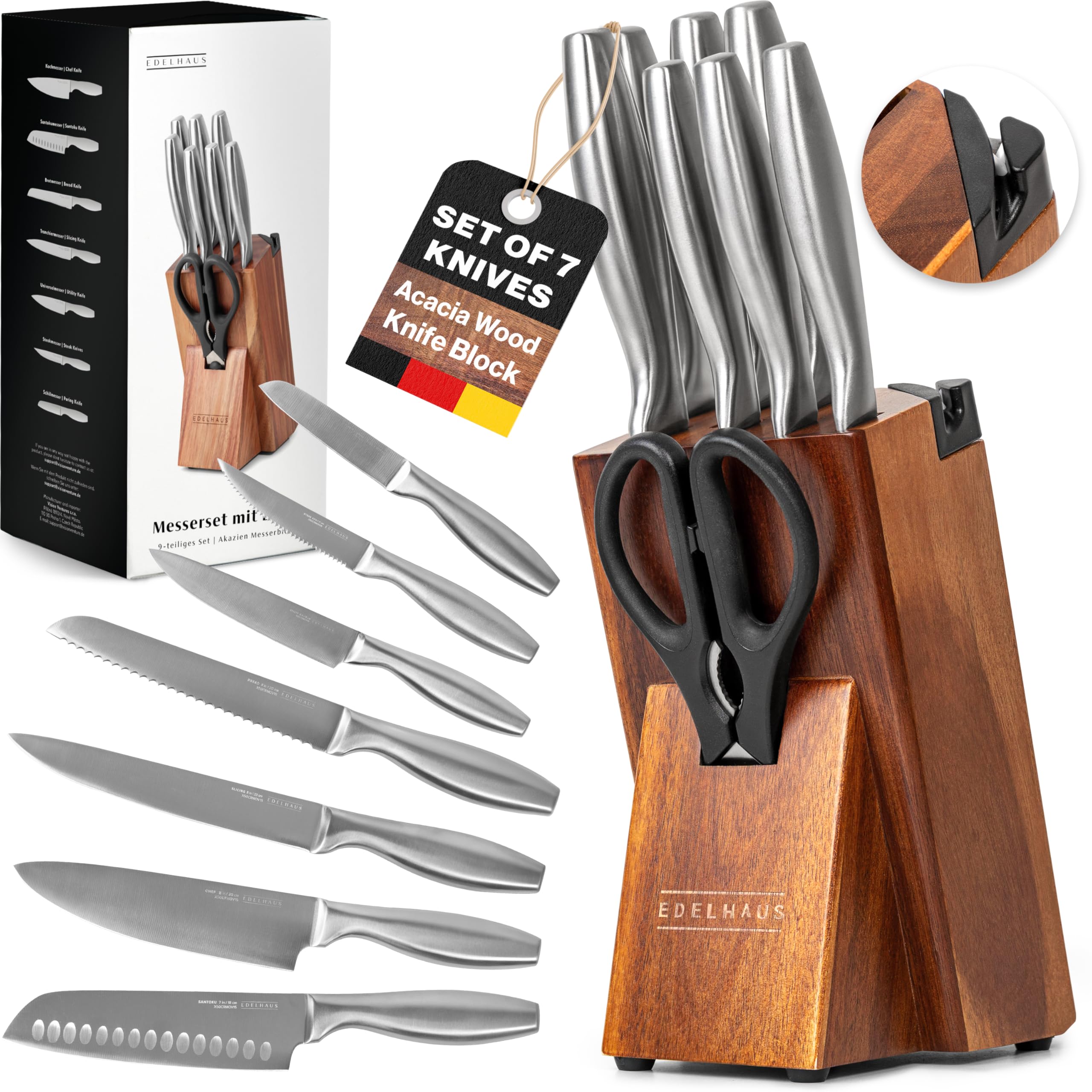 EDELHAUS Knife Set with Block – 9 pcs Stainless Steel Kitchen Knife Block Set - Professional Knife Block with Sharpener and Scissors - Kitchen Knife Set with Acacia Wood Block & Steel Handles