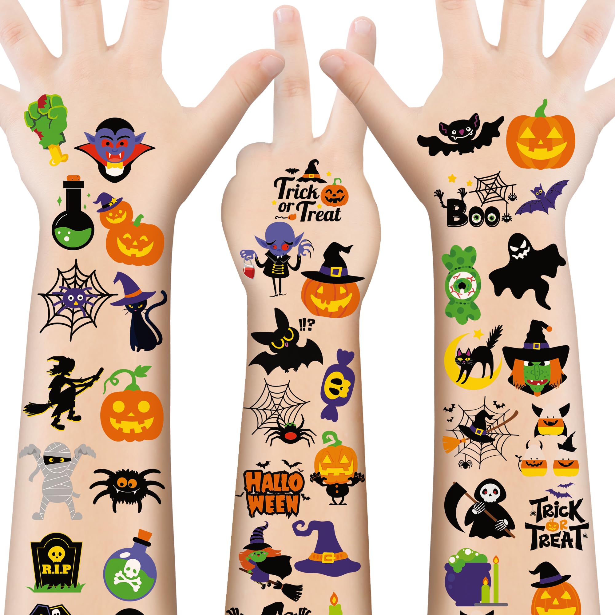 160 PCS Halloween Tattoos for Kids, Waterproof Assorted Halloween Party Favors for Trick or Treat, 160 Different Designs Long Lasting Temporary Tattoos Stickers for Halloween Games, Fake Tattoos