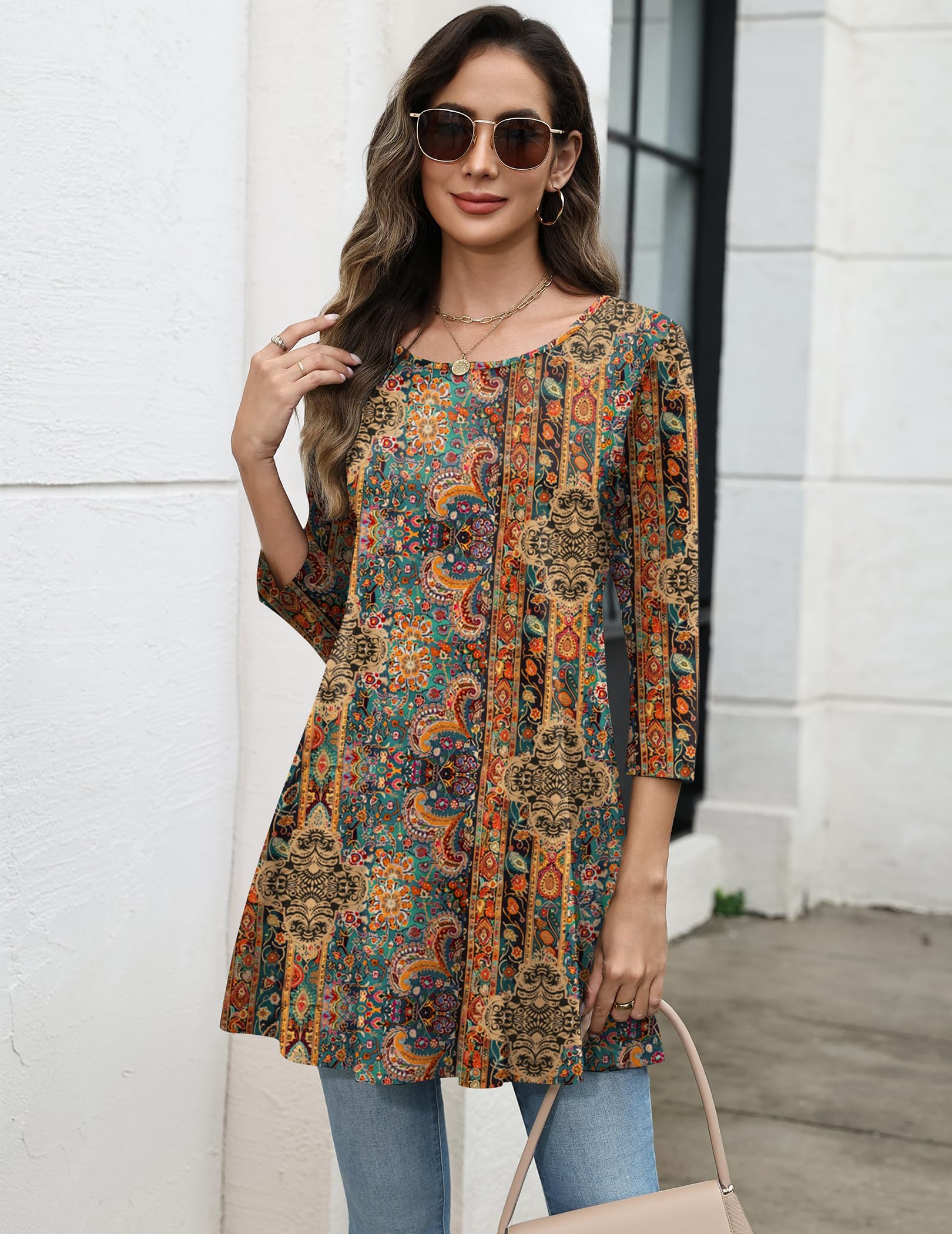 Zeagoo Womens Boho Tops Round Neck 3/4 Sleeve Shirt Fashion Casual Tunic Blouse Summer Loose Fit Tee Tops