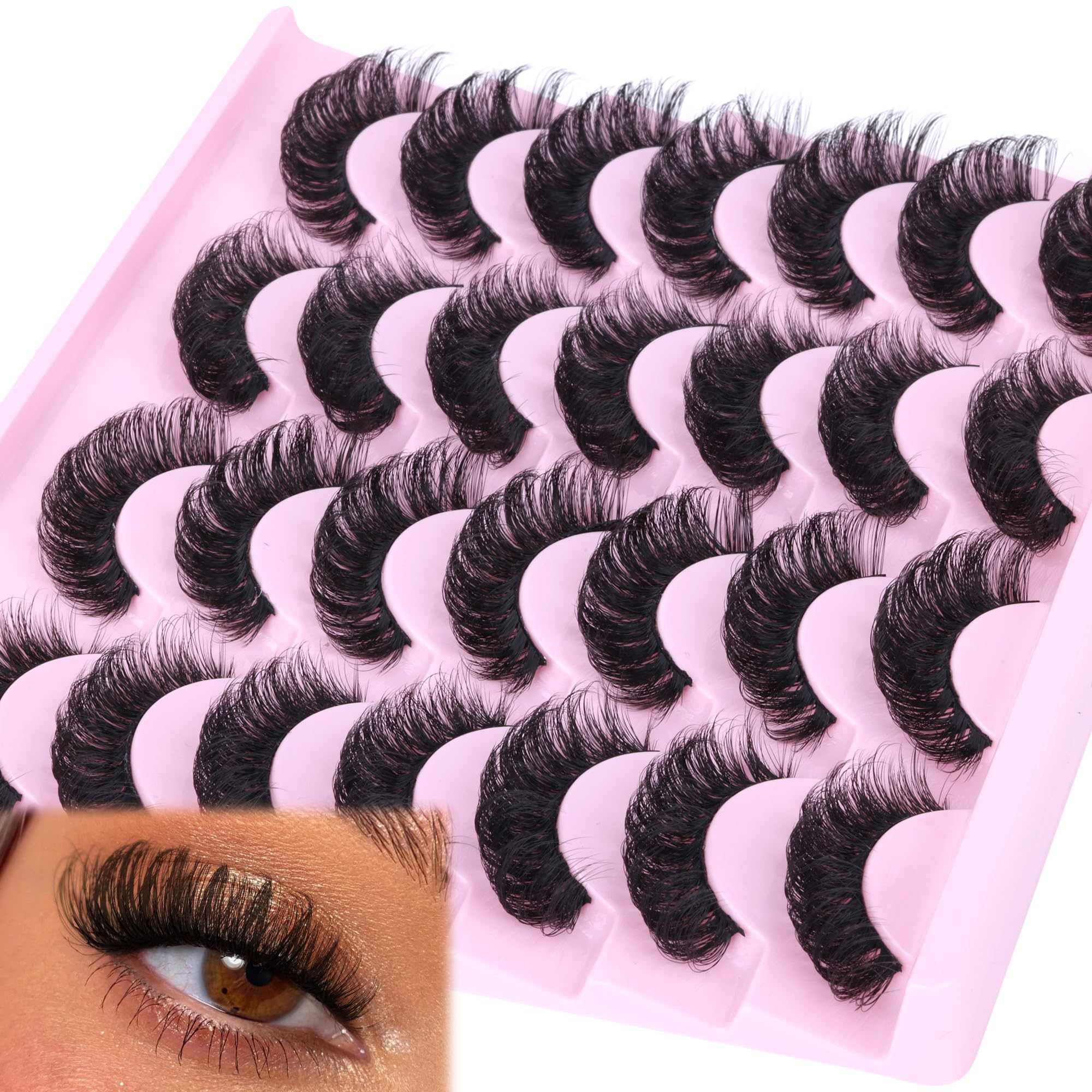 False Eyelashes Fluffy Russian Strip Lashes D Curl Fake Eyelashes Extension Wispy Cat Eye Lashes Handmade Soft Reusable 14 Pairs Lashes Pack