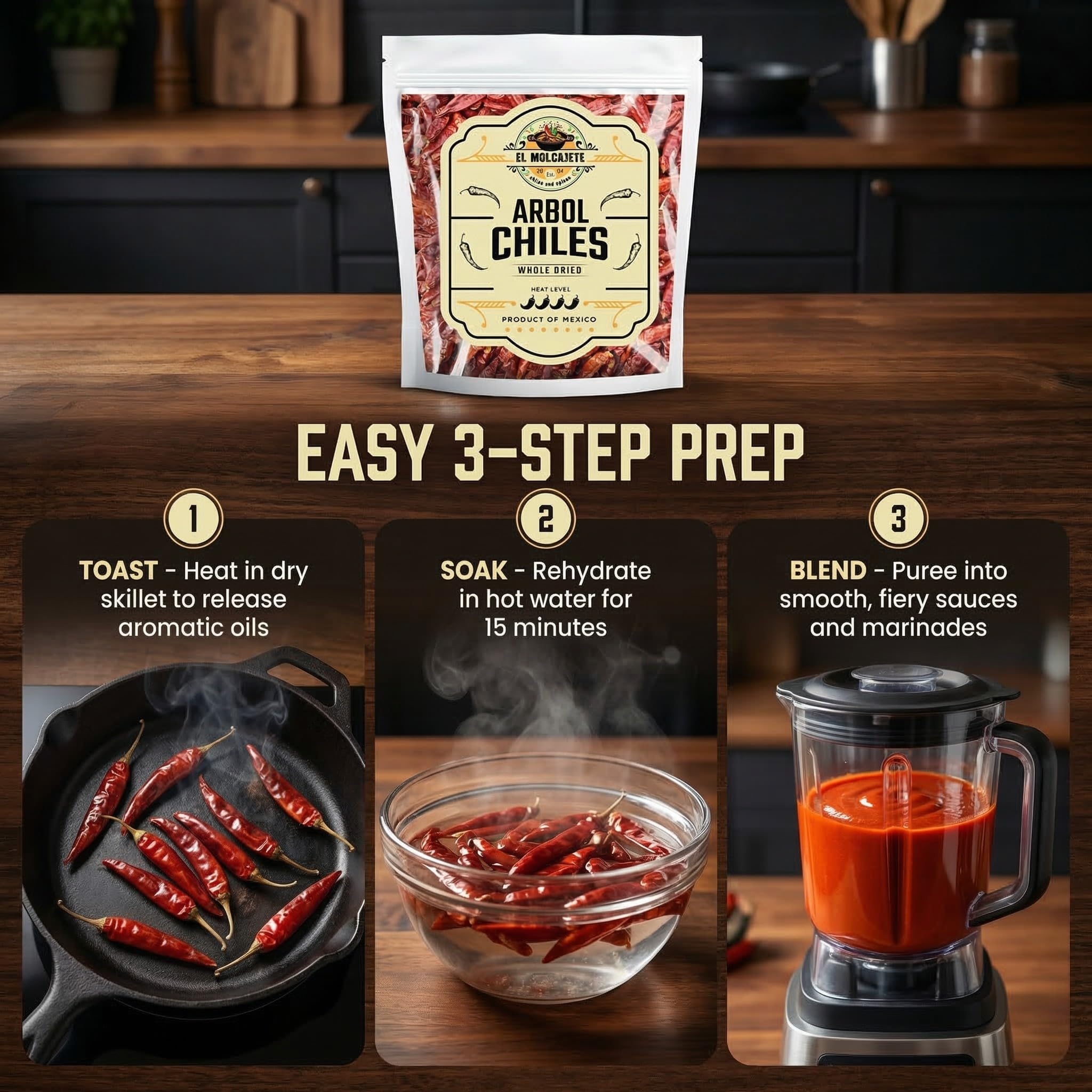 Chile de Arbol 8oz - Dried Whole Red Chili Peppers - Premium All-Natural, Stemless. For Mexican, Chinese, and Thai Cuisine with Bold, Spicy Heat. By El Molcajete