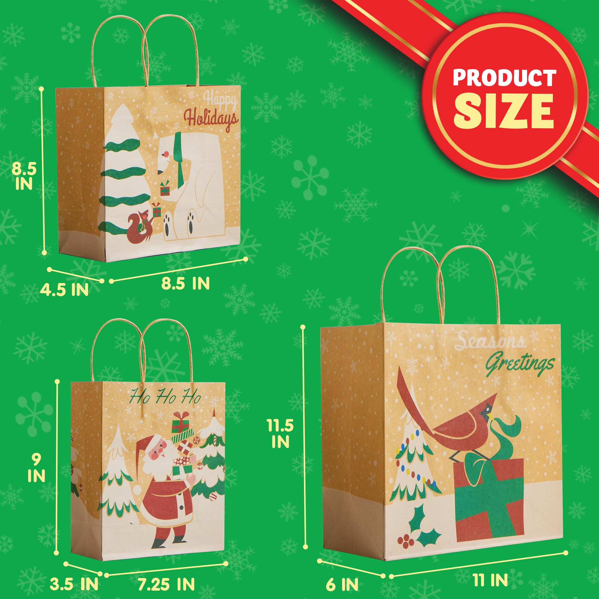 JOYIN 24 PCS Christmas Kraft Gift Bags with Assorted Christmas Prints for Kraft present Bags, Christmas Goody Bags, Xmas Gift Bags, School Classrooms and Party Favors (not included tissue paper)