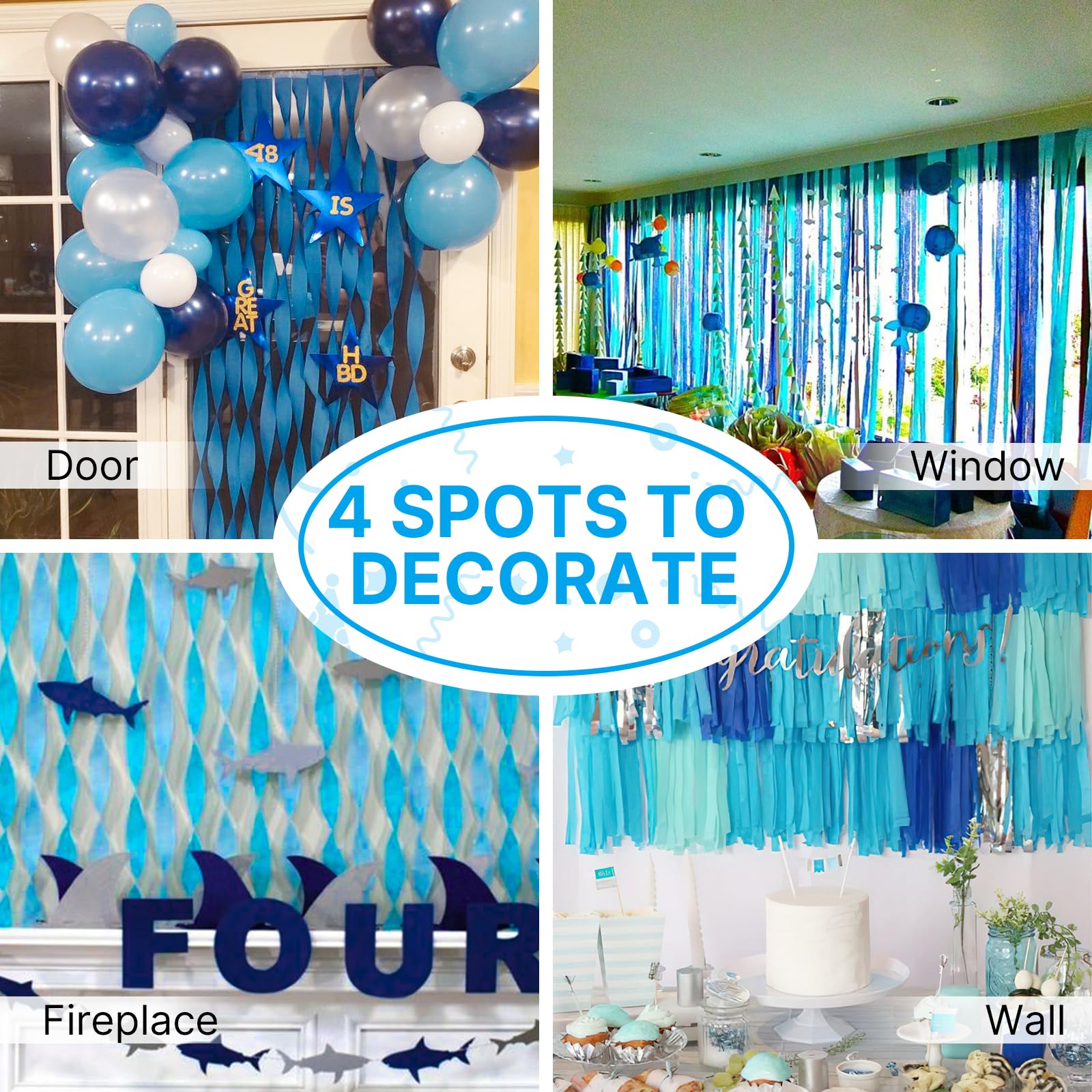 PartyWoo Crepe Paper Streamers 4 Rolls 328ft, Pack of Crepe Paper Royal Blue and Light Blue Streamers Party Decorations, Crepe Paper for Birthday Decorations, Party Decorations (1.8 In x 82 Ft/Roll)