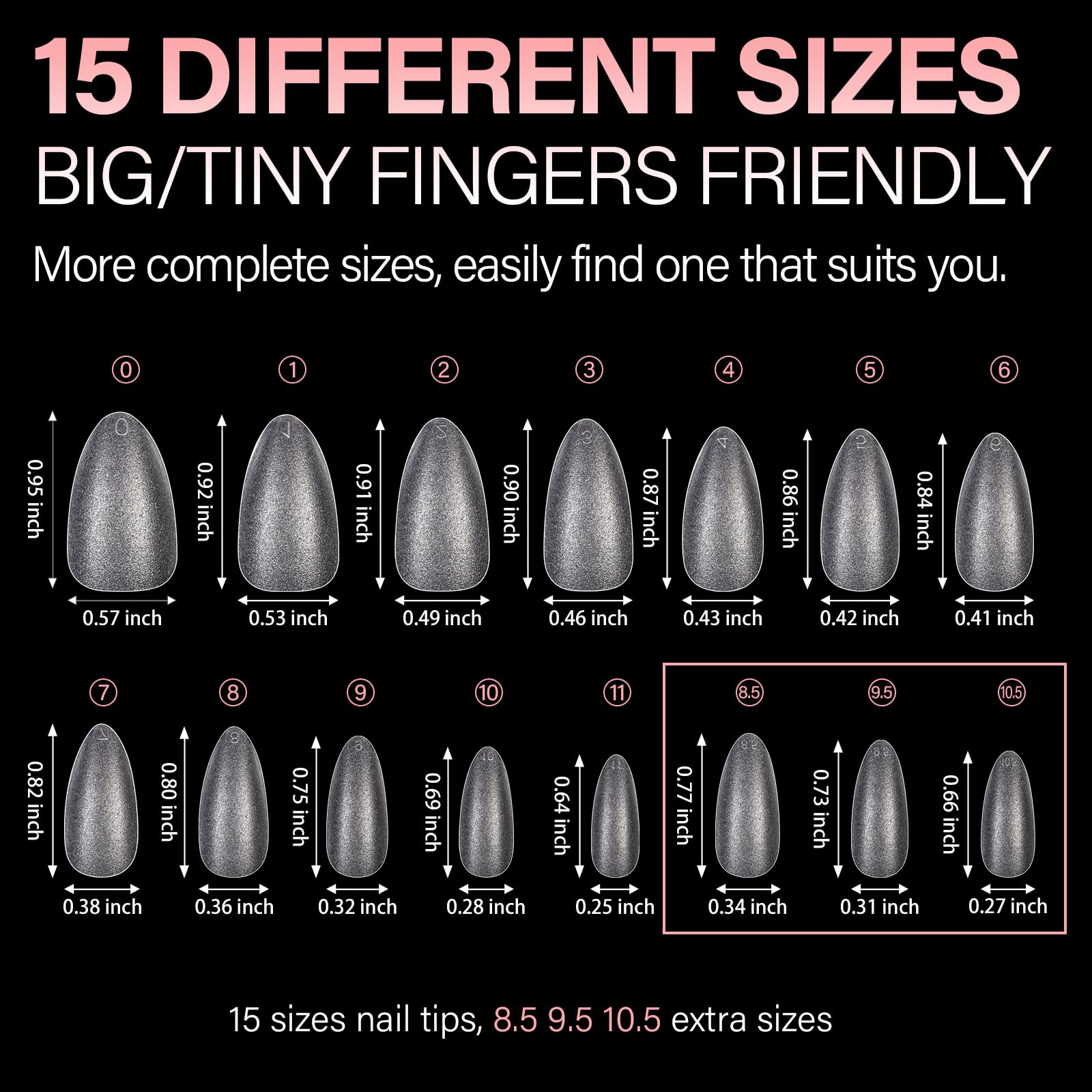 AILLSA Medium Almond Nail Tips 450PCS Full Cover Clear Acrylic Nail Tips Double-Sided Matte No Need Base Coat Nail Tips Press on Fake Nail Tips for Nail Tips Extension False Nails DIY Salon 15 Sizes