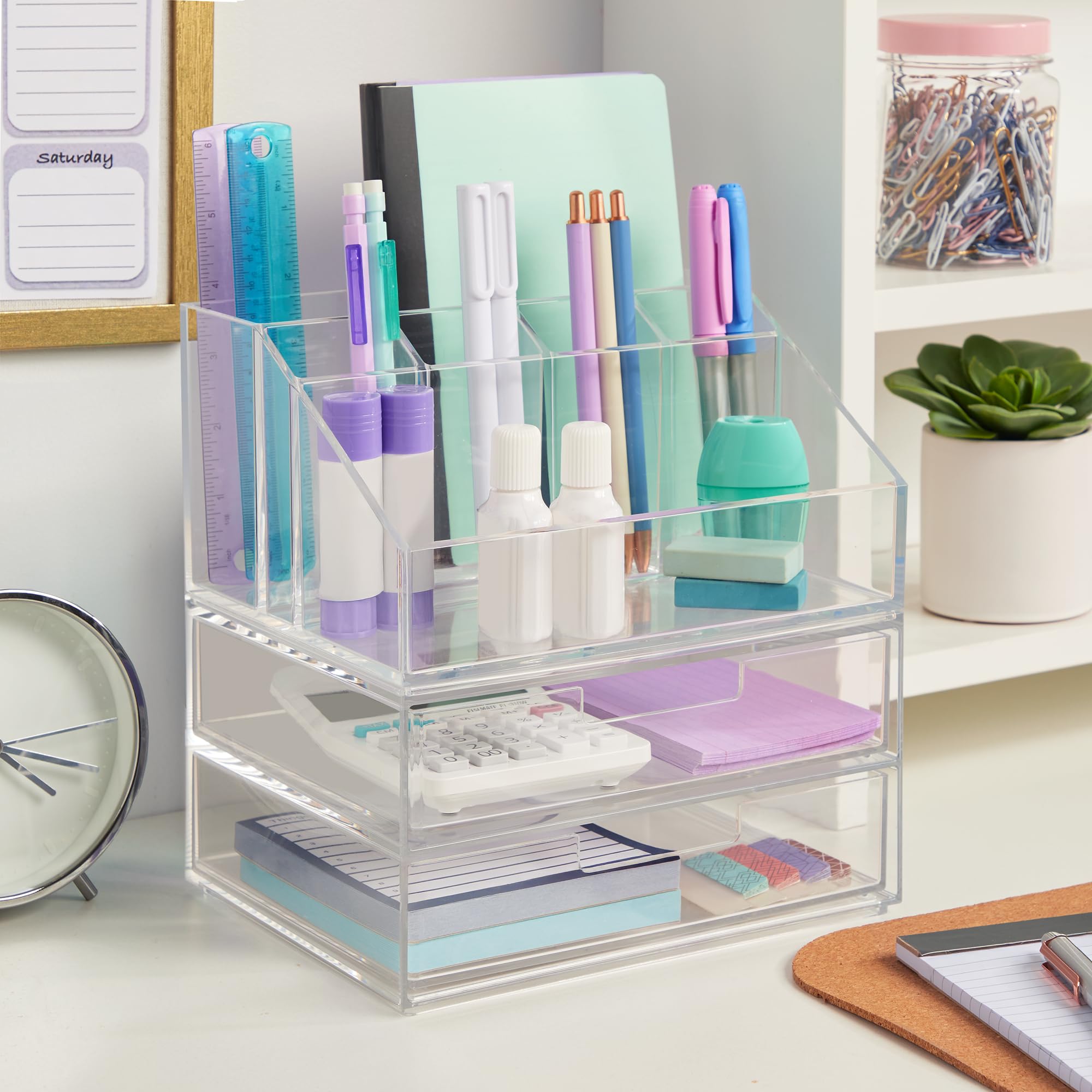 STORi Chloe Stackable Clear Makeup Holder and Double Organizer Drawer Set | Organize Cosmetics and Beauty Supplies | Made in USA