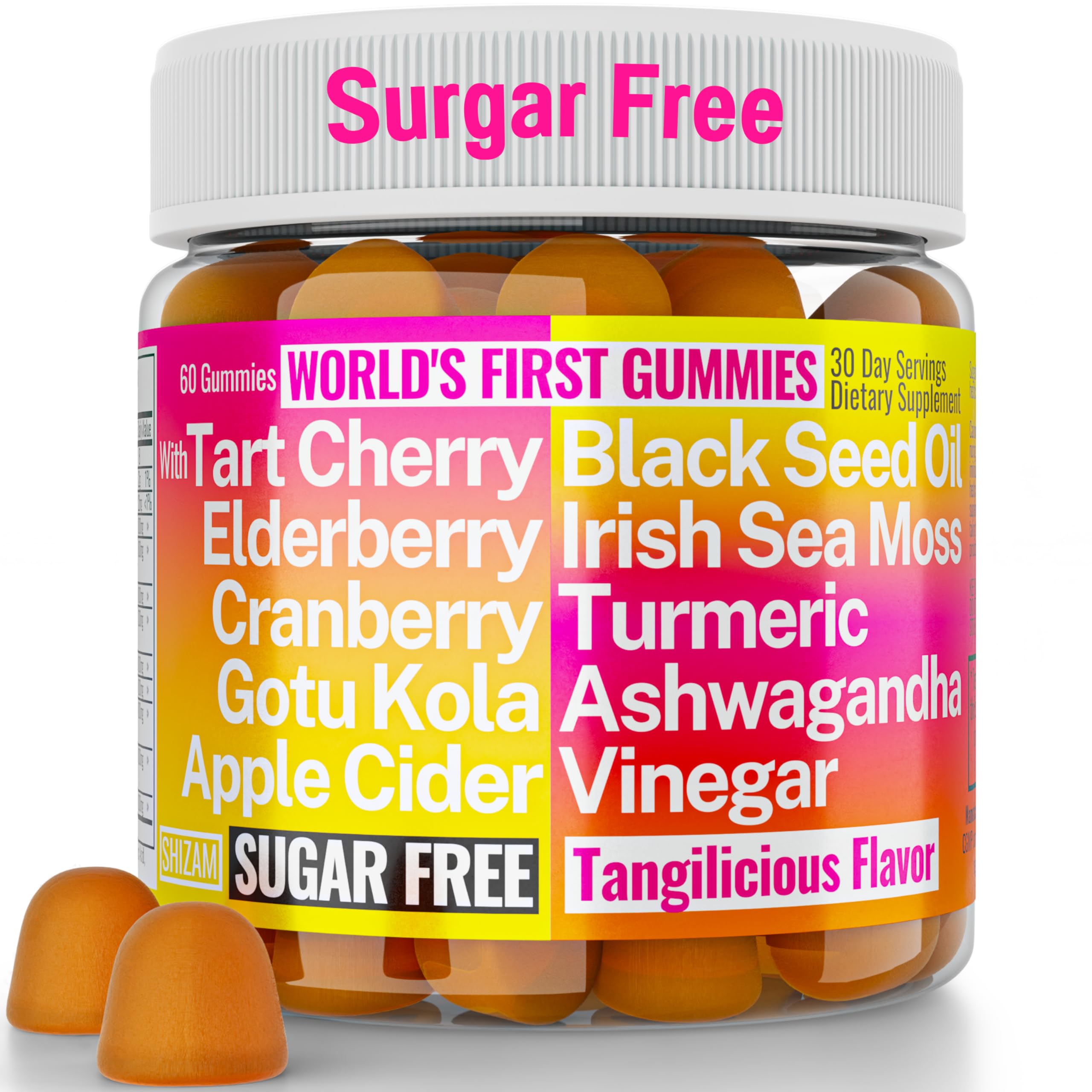 Gotu Kola Black Seed Oil Apple Cider Vinegar Irish Seamoss Cranberry Ashwagandha Tart Cherry Turmeric Curcumin Elderberry Gummies | Sea Moss Elder Berry ACV Supplement Pills Capsules Supplements