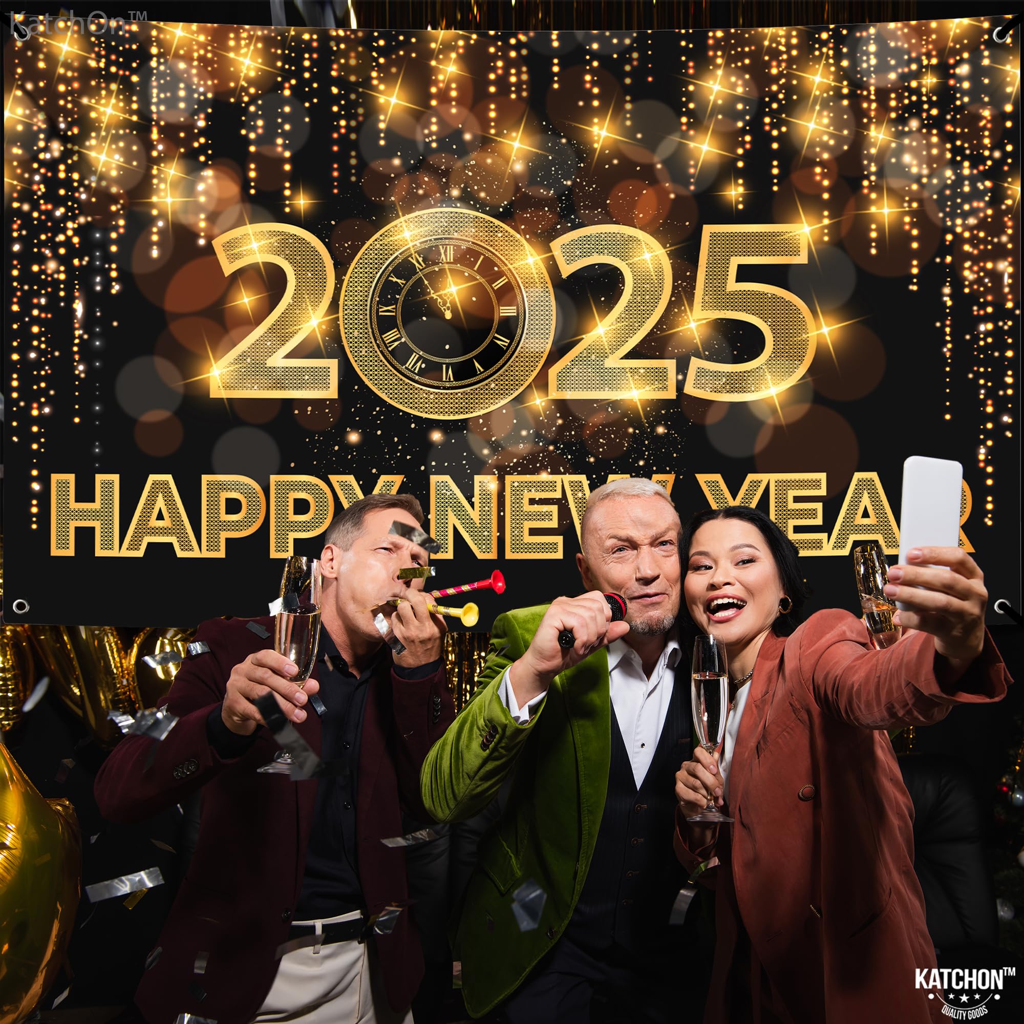 KatchOn, Happy New Year Banner 2025 - Huge 72x44 Inch | New Years Backdrop 2025, Happy New Year Decorations 2025 | New Years Eve Backdrop, New Years Eve Party Supplies 2025 | New Years Eve Decorations