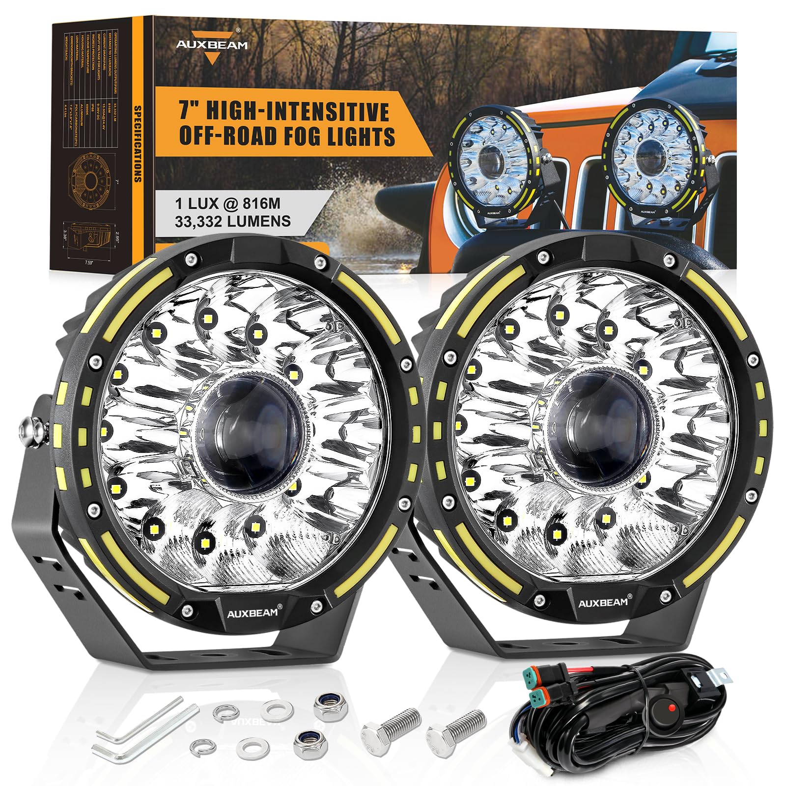 Auxbeam 7 Inch Round Driving Light, 360 Pro Series 33332LM Round LED Offroad Light Bar Spot Flood Combo Beam Ditch Lights Universal Auxiliary Spotlight for Truck Jeep ATV UTV, 2 Years Warranty