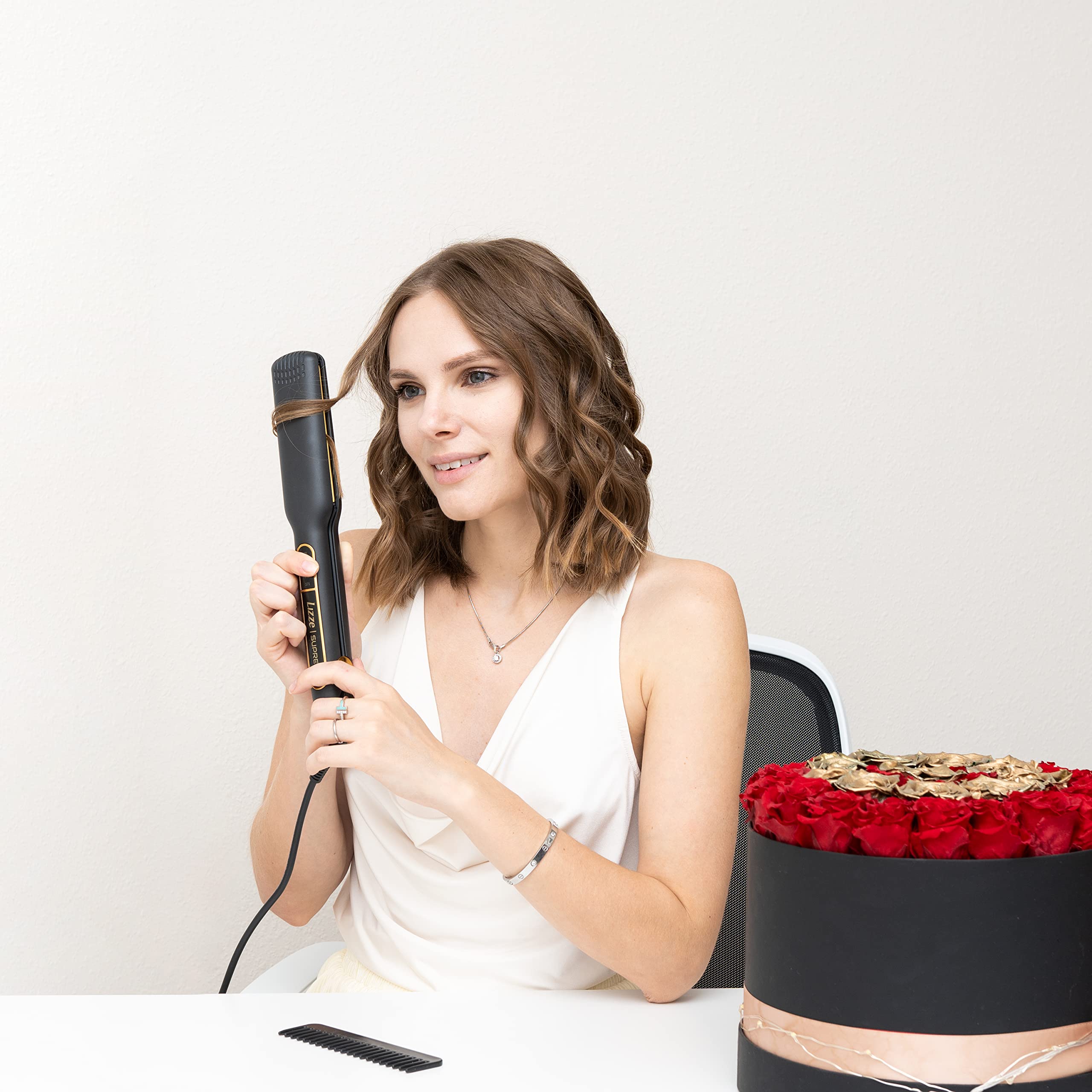 Professional Flat Iron Hair Straightener Plancha De Cabello Professional - Titanium Hair Iron Straightens Frizzy Hair Curls - Sleek Salon Hair Styling Tool - Lizze Supreme 1.5" Pro Straightening Iron